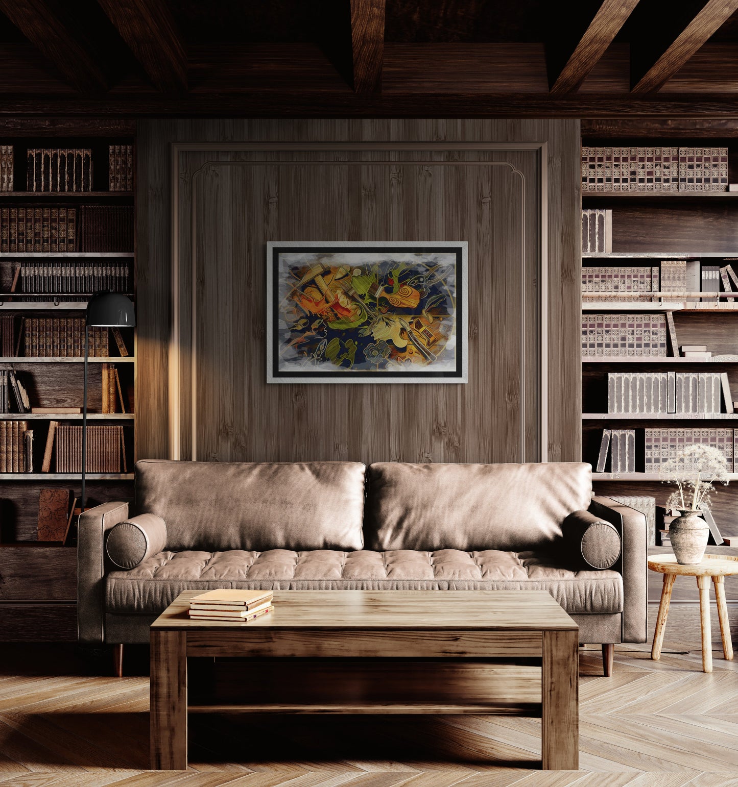 Creative Workshop canvas in elegant library study with wooden bookshelves rustic style