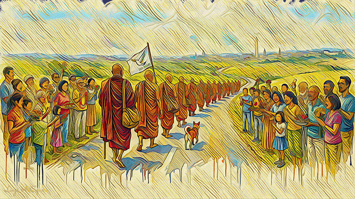 The Welcome - Panoramic Walk for Peace artwork with crowd welcoming Buddhist monks, Aloka at center and peace flag, Digital Brushstrokes technique by Luigi_ArtSquare