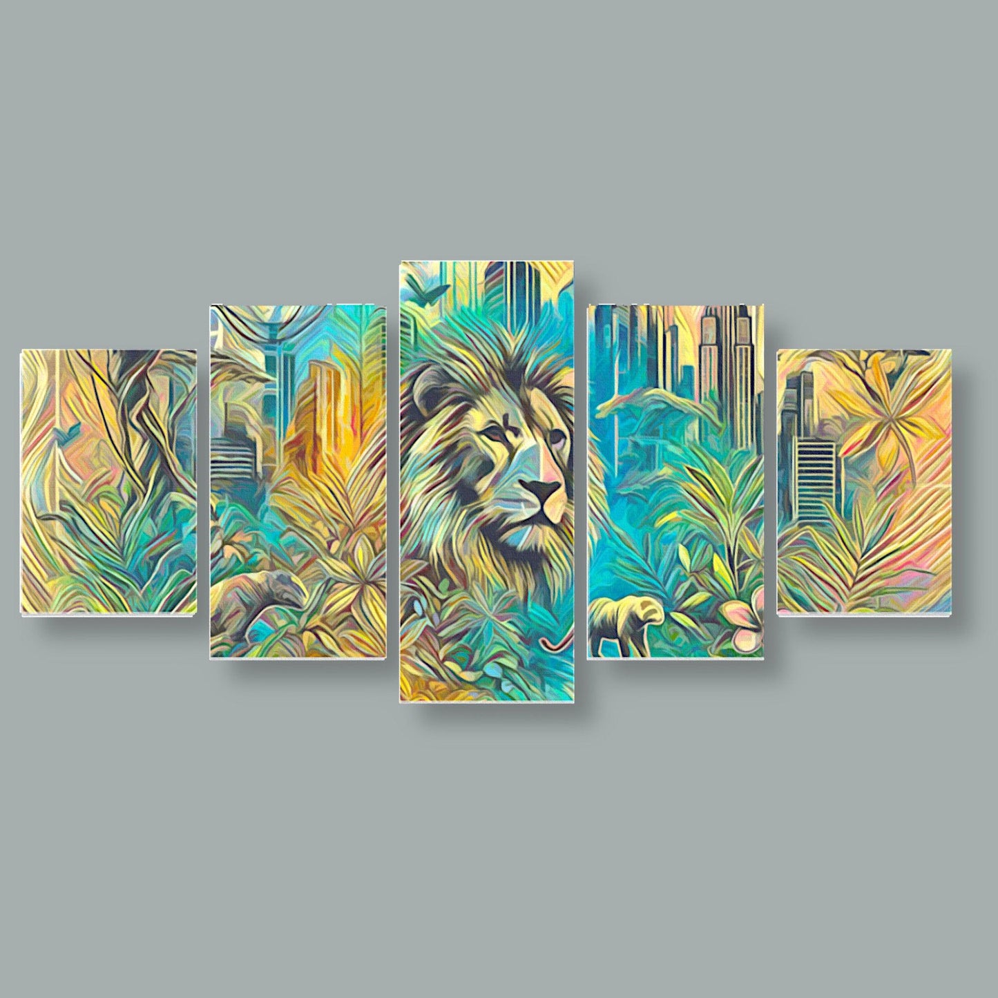 Canvas 5 Pannelli Medium Telaio Lion: Nature and Majesty in Five Panels - Artsquarenft