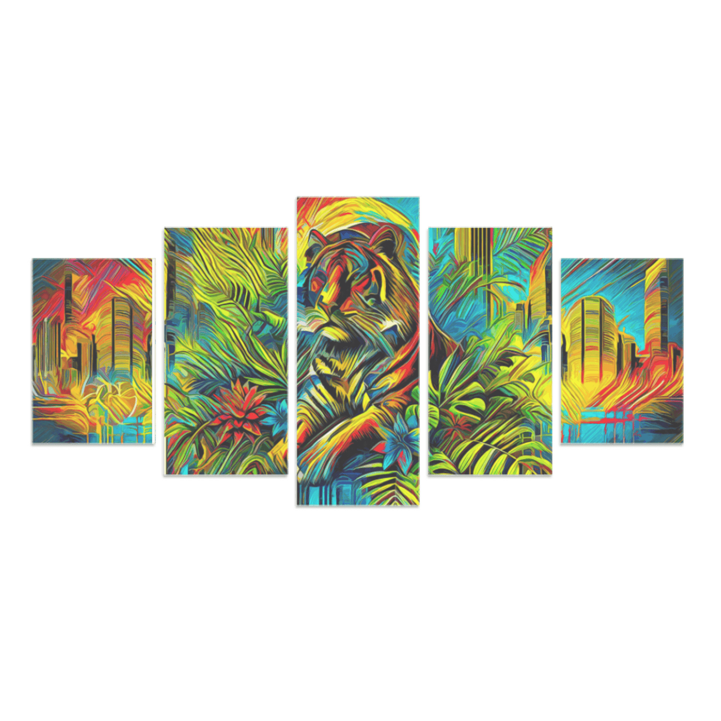 Canvas 5 Pannelli Medium Telaio Tiger: Power and Grace in Five Panels - Artsquarenft