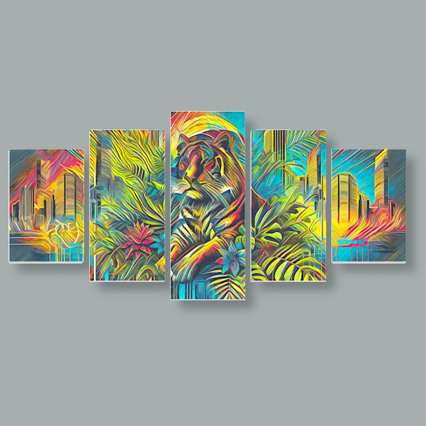 Canvas 5 Pannelli Medium Telaio Tiger: Power and Grace in Five Panels - Artsquarenft