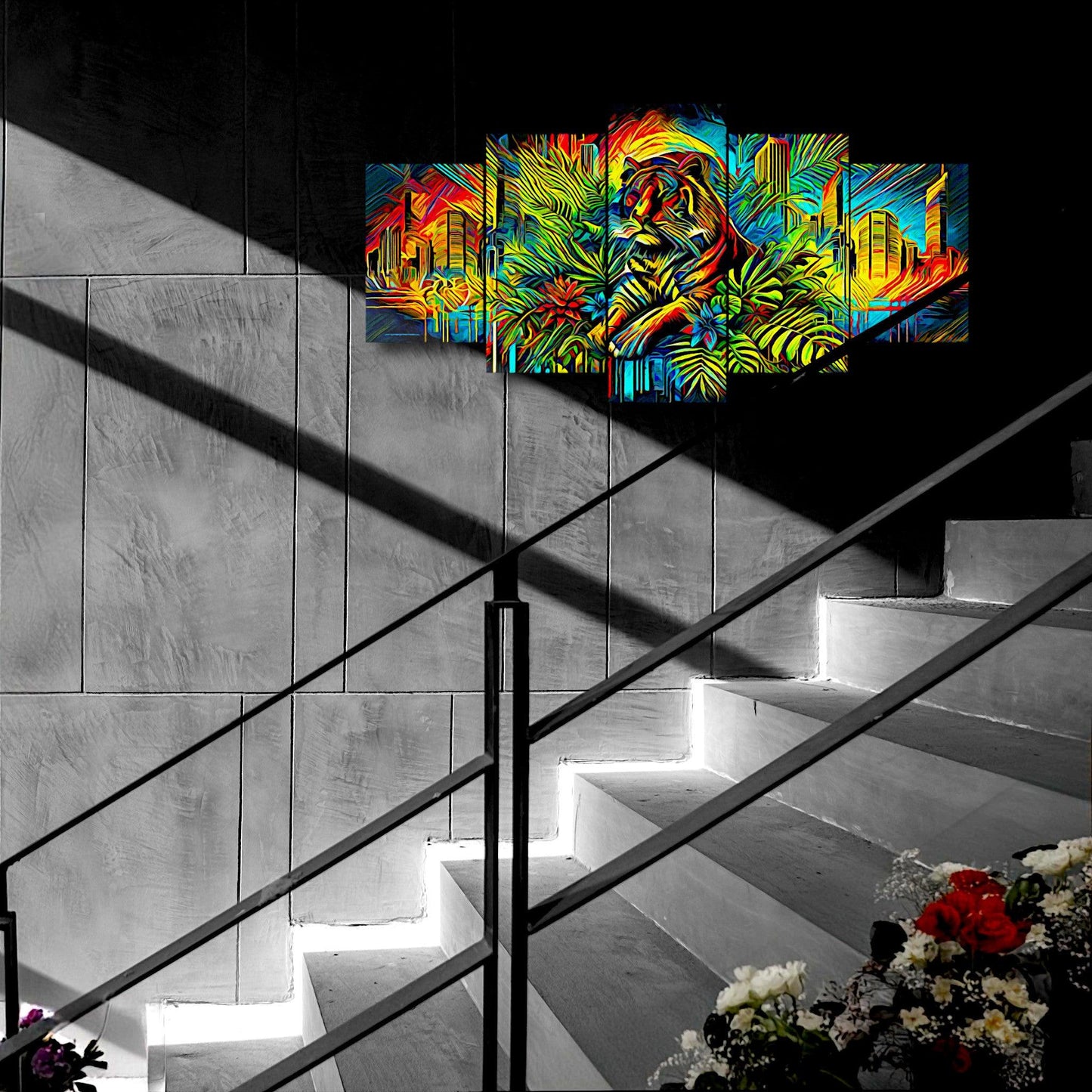 Canvas 5 Pannelli Medium Telaio Tiger: Power and Grace in Five Panels - Artsquarenft