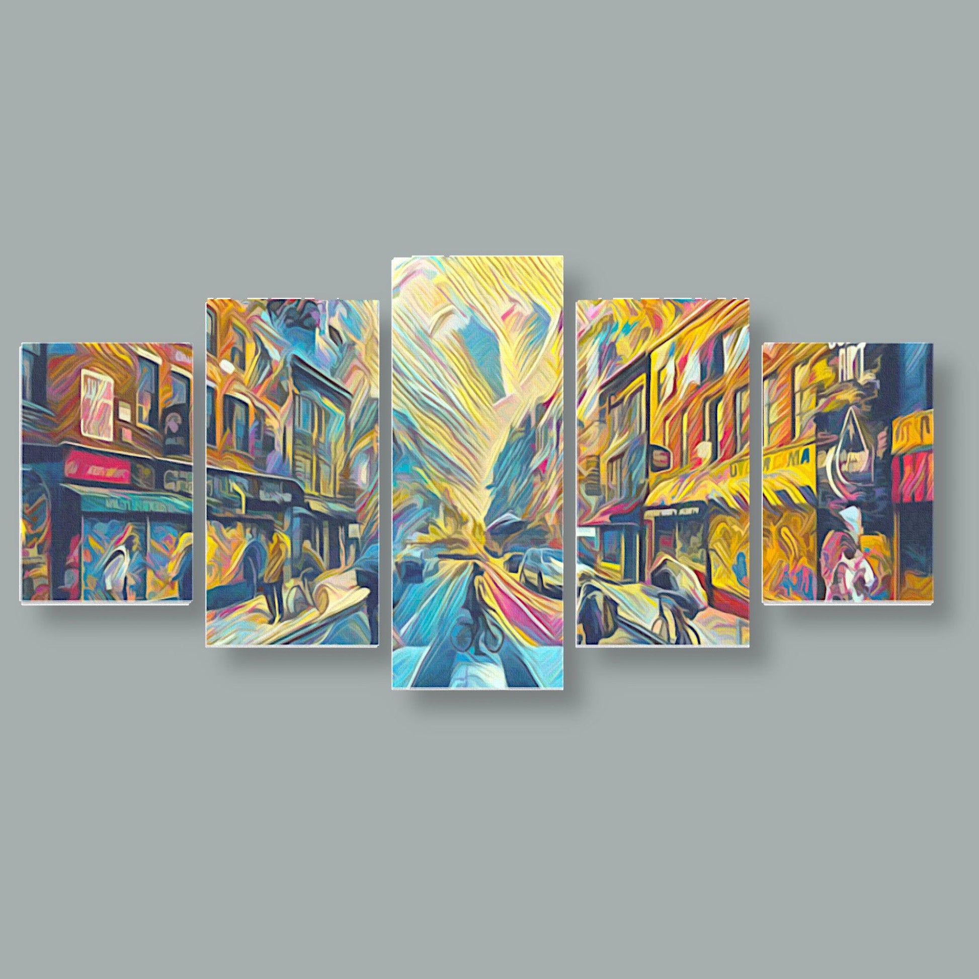Canvas 5 Pannelli Medium Telaio Urban Street Scene: Vibrant City Life in Five Pane - Artsquarenft