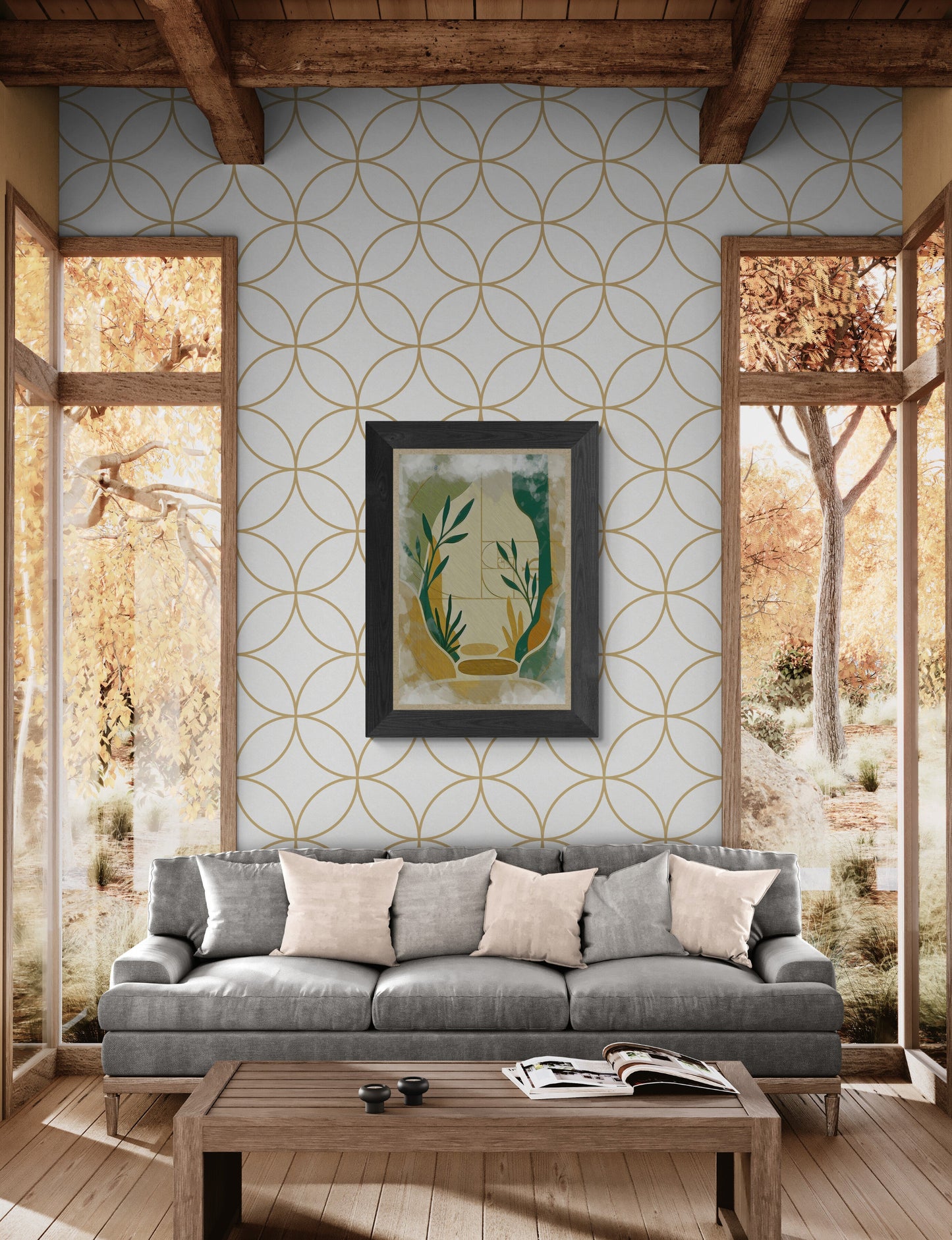 Natural Corridor rustic country house canvas with wooden beams large windows and farmhouse interior style