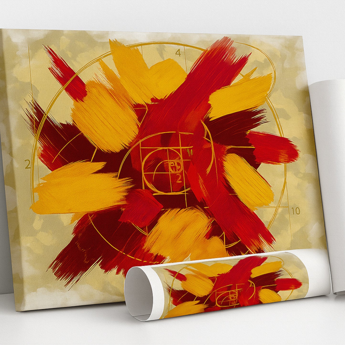 Classic Warm Elegance artwork white elegant frame light wall living room, warm Tuscan art visible brushstroke texture premium quality