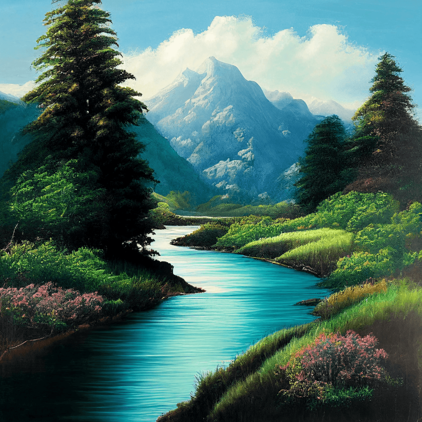 This high-quality digital image captures the excitement of standing atop a mountain, looking out over a breathtaking panorama. The image appears to be painted on canvas, making it perfect for printing and framing as a unique piece of artwork.