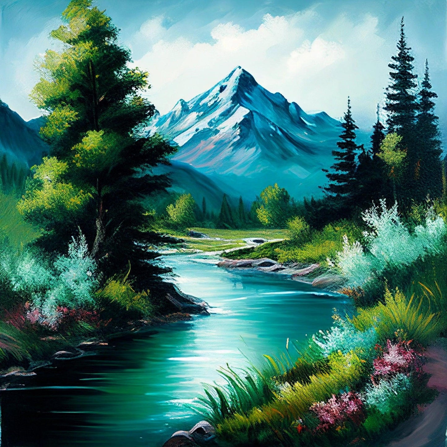 This high-quality digital image captures the natural beauty of a mountain river flowing among the mountains. The image appears to be painted on canvas, making it perfect for printing and framing as a unique piece of artwork that brings a sense of serenity and peace to any space.
