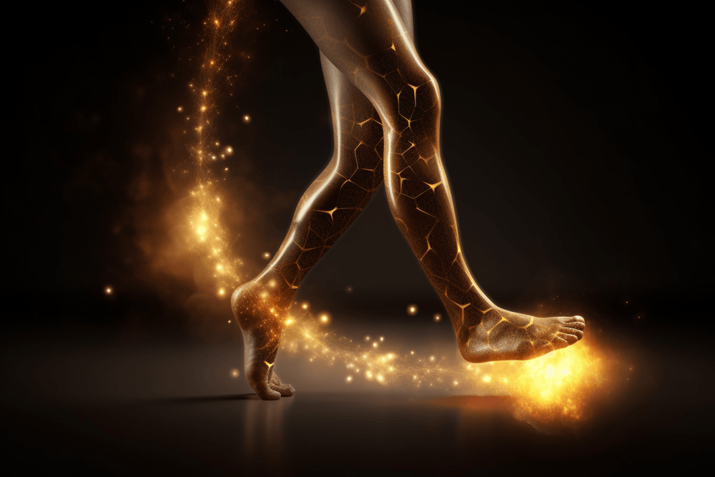 "Path of Life" is a digital image that depicts the legs and feet of a man walking with uncertain steps, aided by a warm orange glow that guides him along the way. The black background emphasizes the effort required to maintain balance and continue o