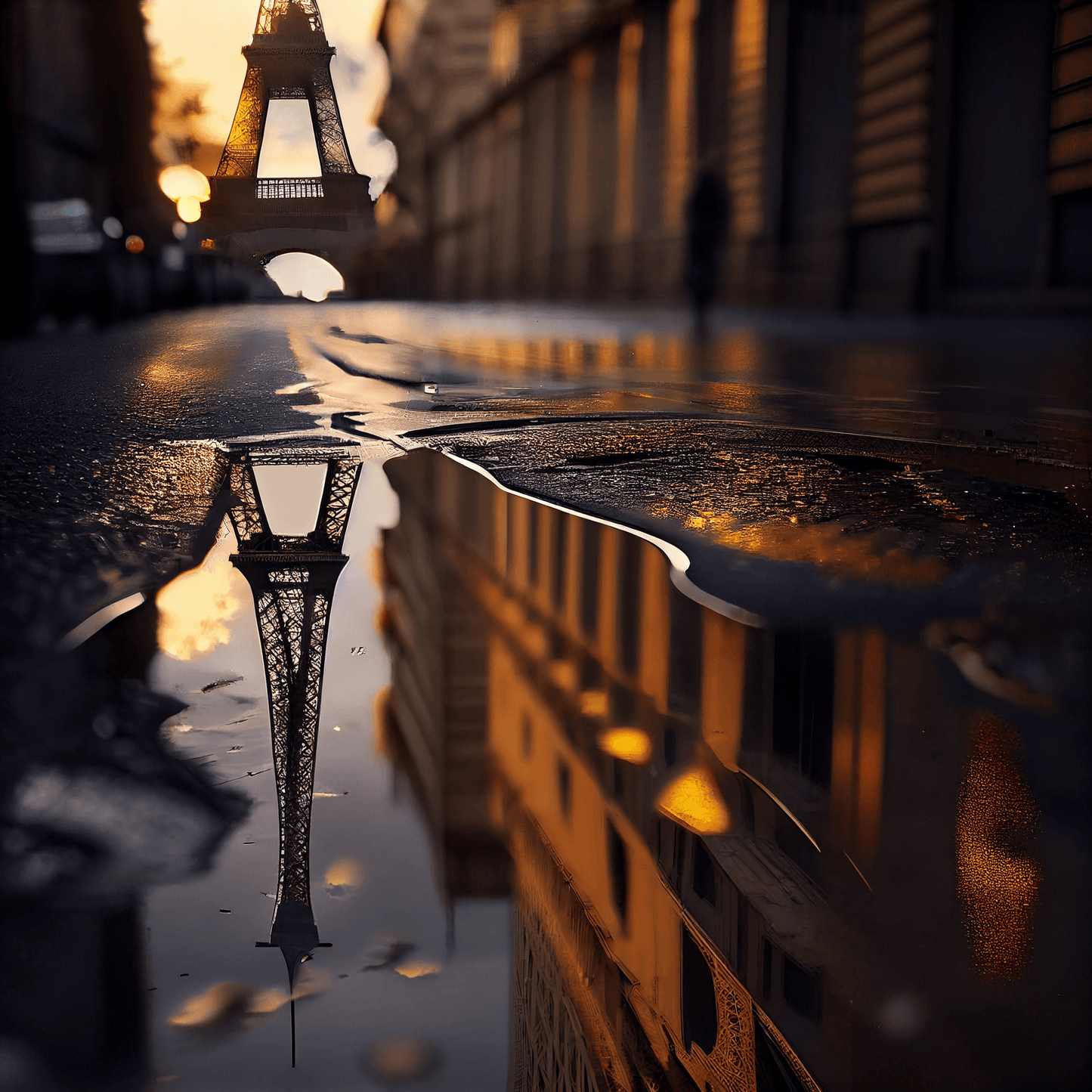 Experience the grandeur of Parisian architecture with this stunning digital image of the tower on a rainy day. The scene is meticulously detailed, with the wet pavement reflecting the tower and raindrops gliding down its surface.