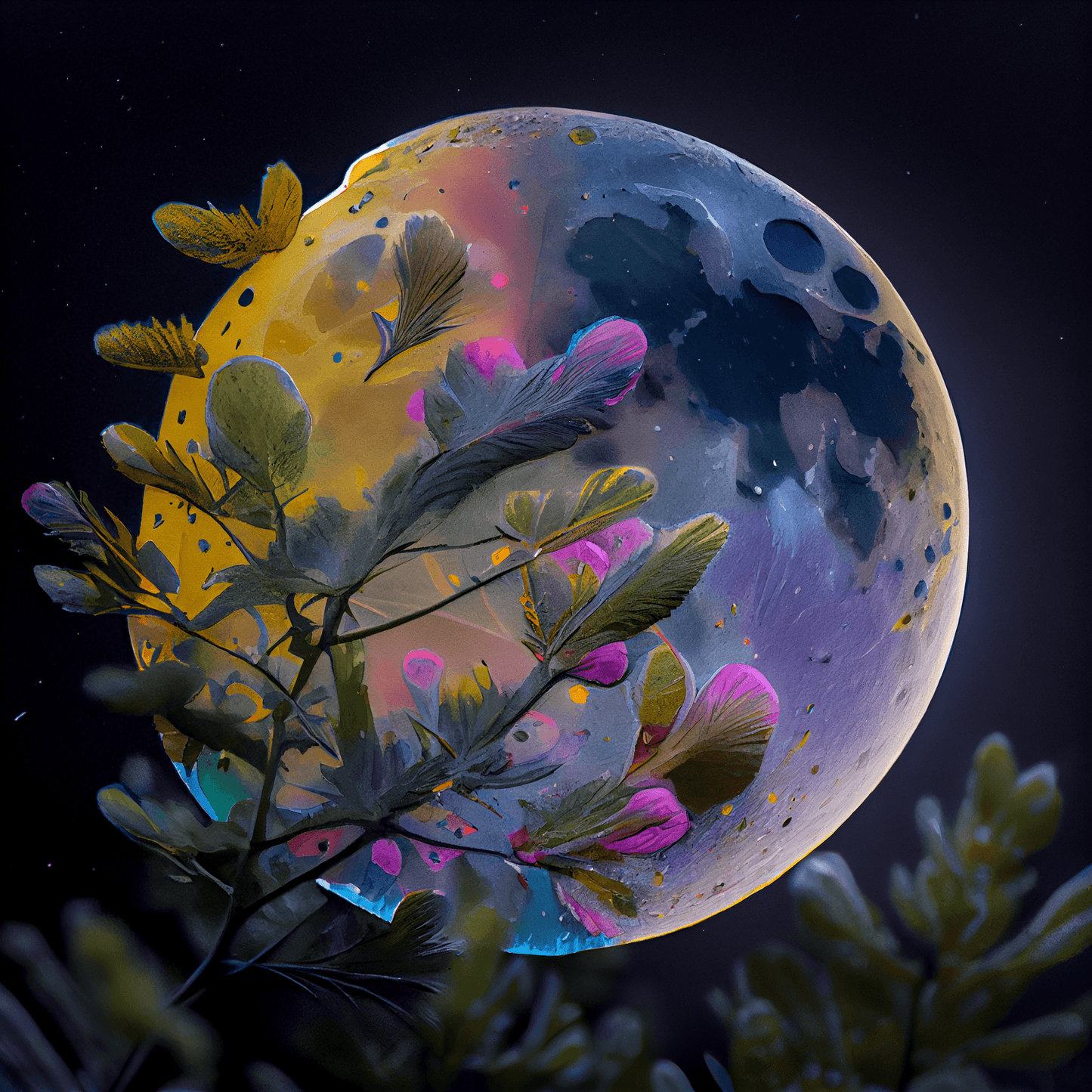 Moon and Purple Flowers" is a digital painting that captures the beauty of the night sky and nature. The moon, in the foreground, shines with its cold and mysterious light, while the plant with its purple flowers creates a sense of calm and serenity.