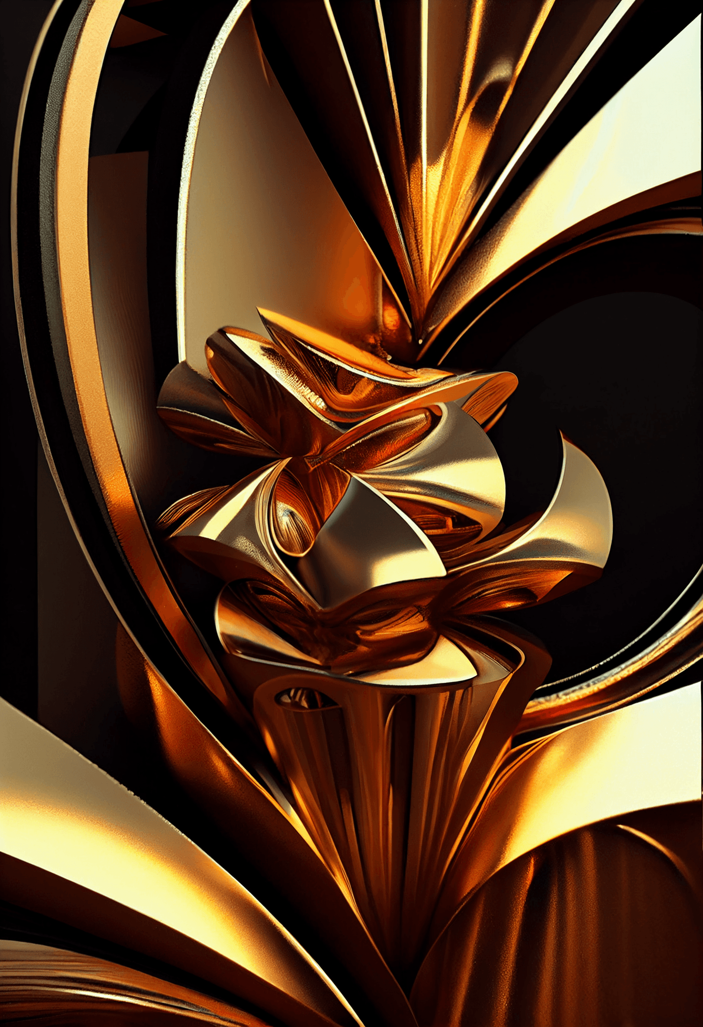 Add a touch of luxury to your home with this limited edition digital artwork. At the center of the image, there's a bow made of golden brass strips that shine like points of light, surrounded by a weave of golden bands on a black background.