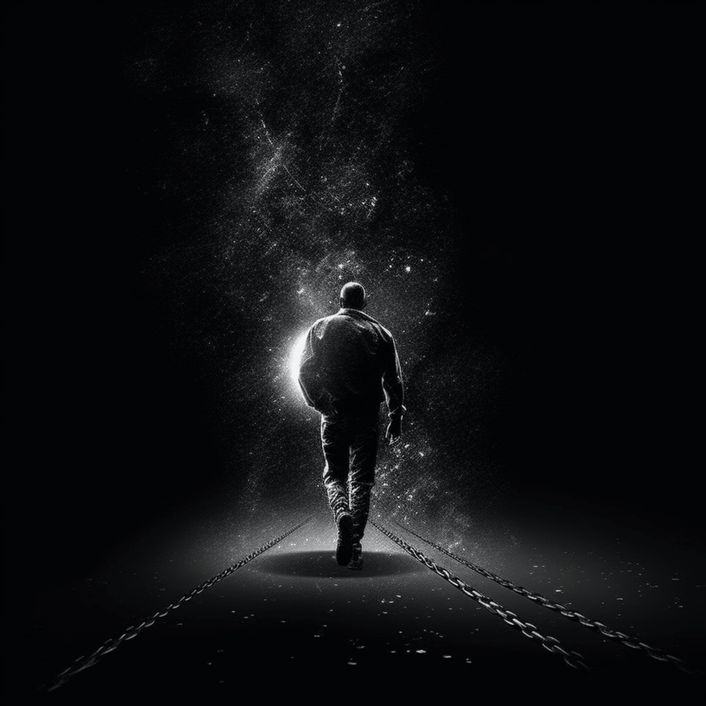 This black and white digital artwork depicts a man walking towards the light, with shades of light standing out between black and white. The image conveys a sense of inner strength and hope, even in the darkest moments.