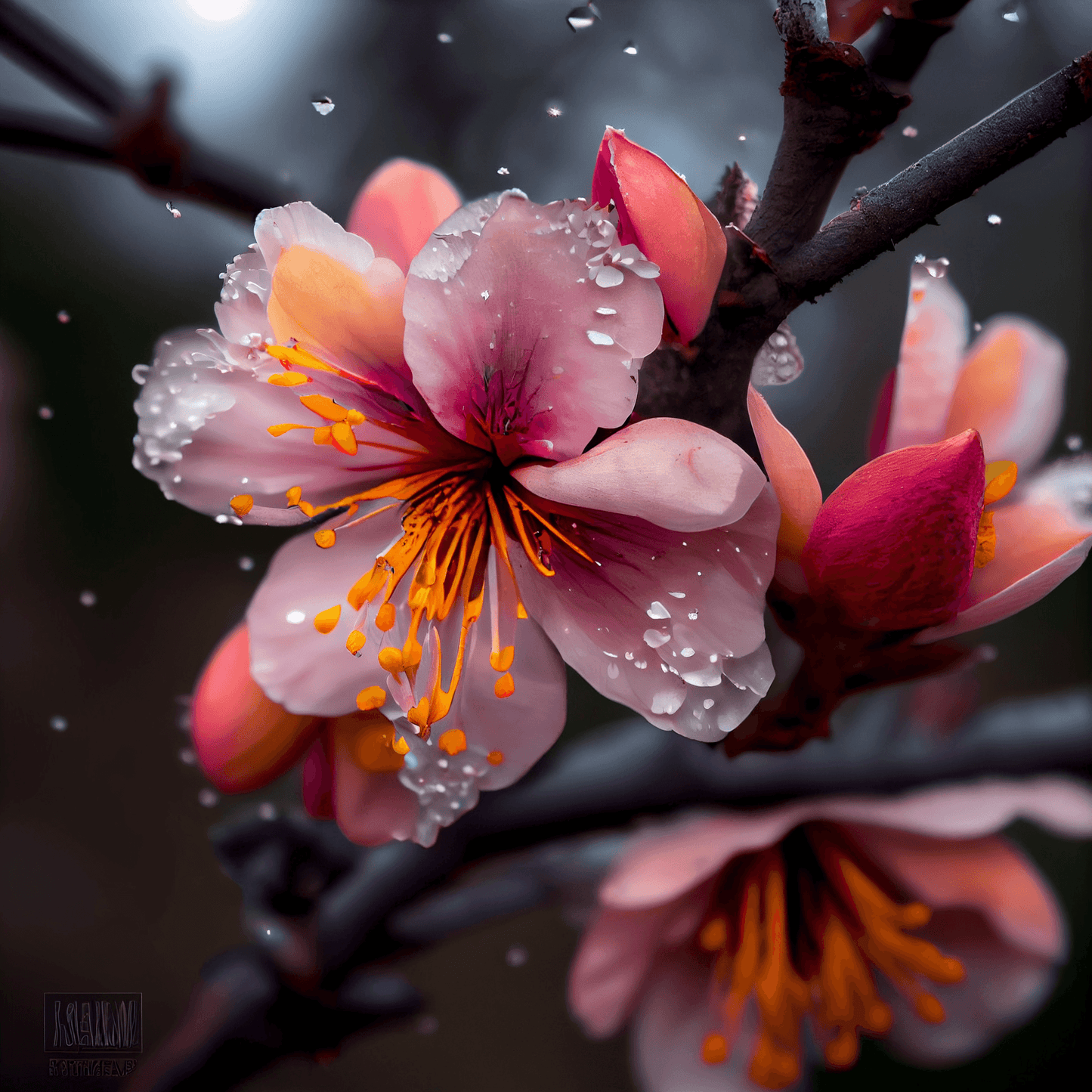 This digital image captures the delicate beauty of a peach tree in full bloom. The main flower, at the center of the composition, shows its pink petals with orange hues, while its central pollen stands out in a vibrant bright orange. Slightly blurred backgrounds show other flowers of the tree that complete the scene.