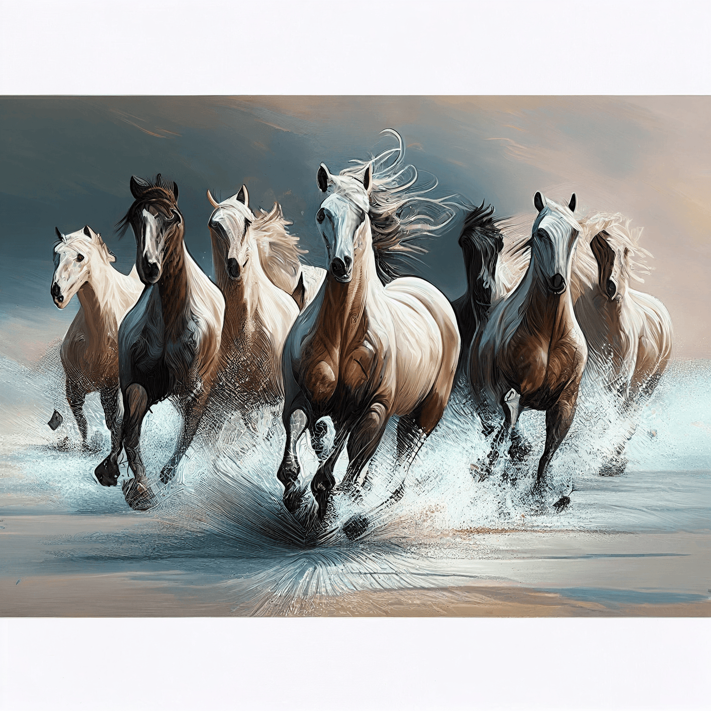 Add a touch of beauty and power to your home or office with this high-quality digital image of horses running freely on the beach. The image captures the horses' free and powerful movement, thanks to advanced technology used in its creation. Download your digital copy today and transform your space into a natural and captivating oasis.