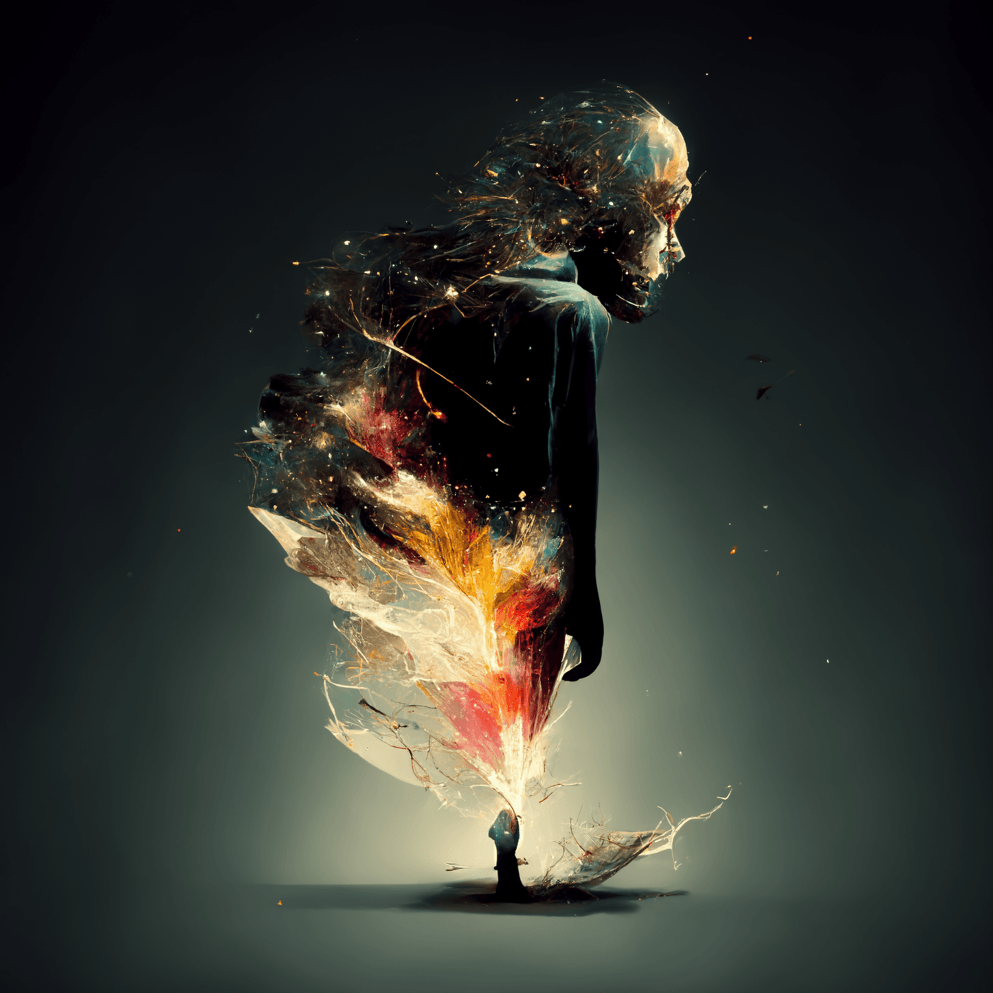 Transformation of Being is an extraordinary digital artwork from the "Midnight Journey" collection, depicting a man in the midst of a transformation. The artwork, generated by artificial intelligence, depicts the upper torso of a man surrounded by intense light, giving the impression that he is composing or decomposing