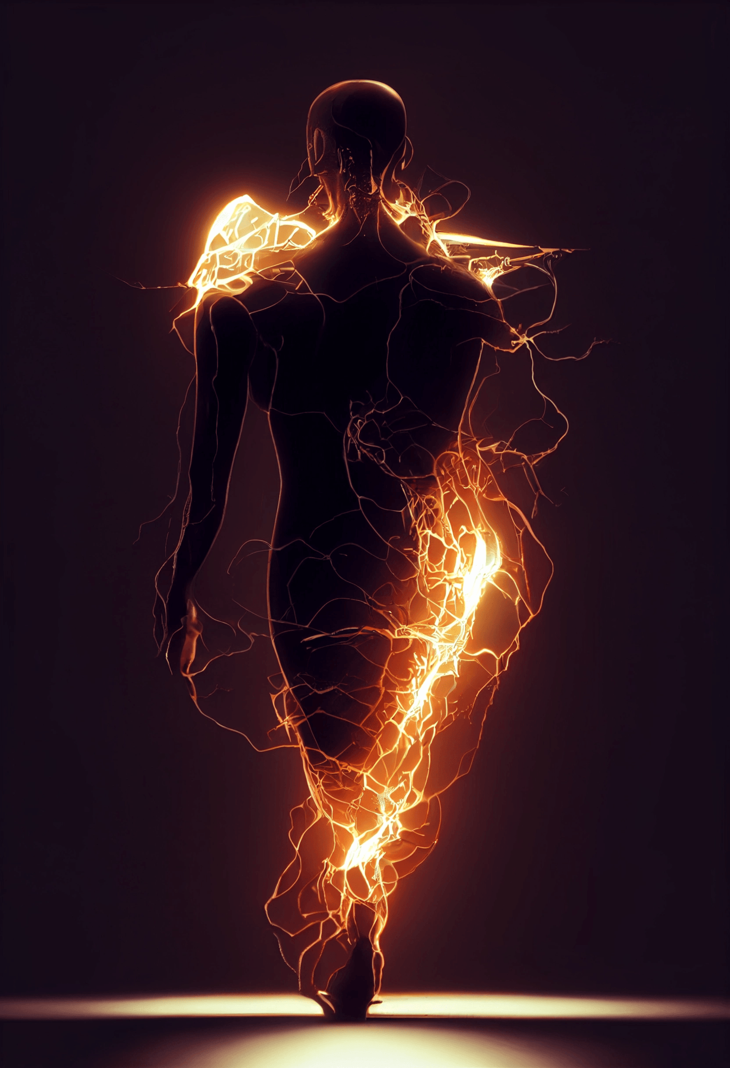 "Journey to Freedom" is a digital artwork from the "Midnight Journey" collection that depicts a man enveloped in golden light as he walks towards freedom. The suggestive depth of field gives a sense of movement and realism to the image, while the black background highlights the figure of the man.