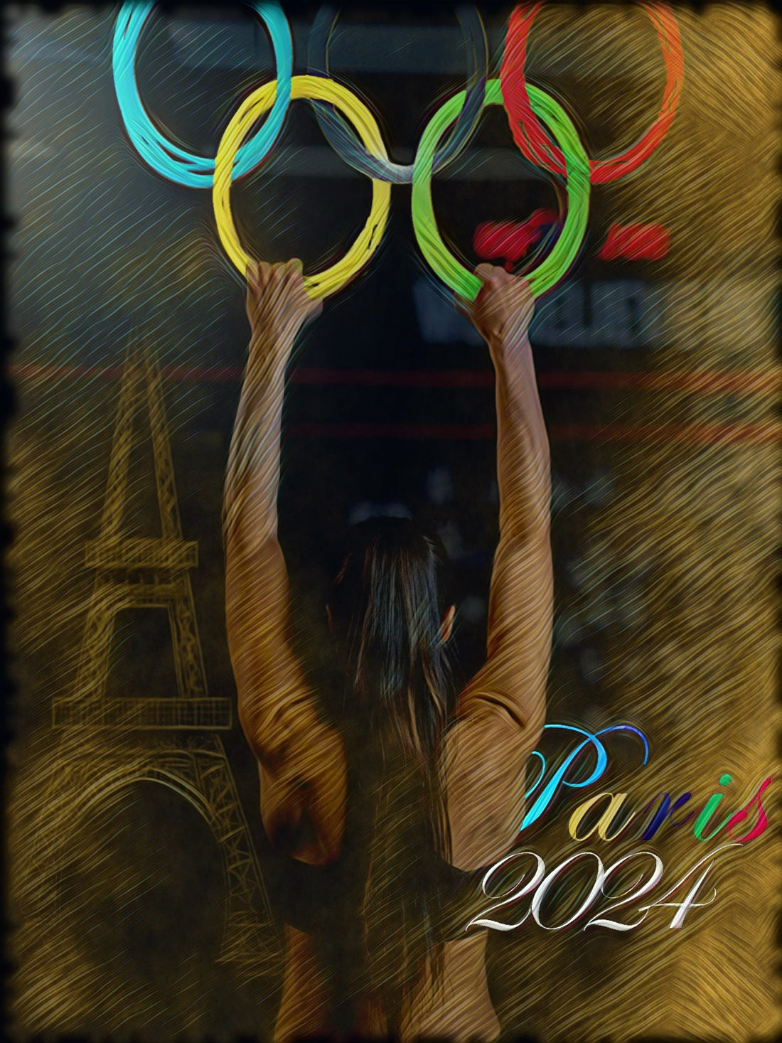 Un'immagine artistica delle Olimpiadi di Parigi 2024, raffigurante un atleta con le braccia sollevate verso i cinque anelli olimpici colorati, con la Torre Eiffel stilizzata sullo sfondo e il testo "Paris 2024" in caratteri colorati.