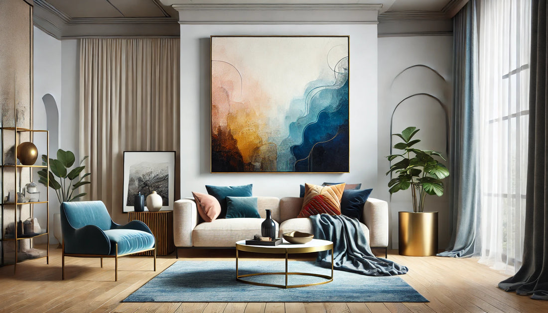 Soggiorno moderno con un grande quadro digitale astratto su tela dai toni blu e terra, appeso a una parete bianca e illuminato da luce naturale.