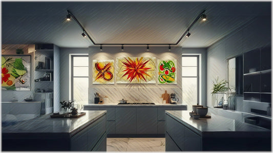 Modern renovated kitchen with Spice Fusion artwork above credenza interior design