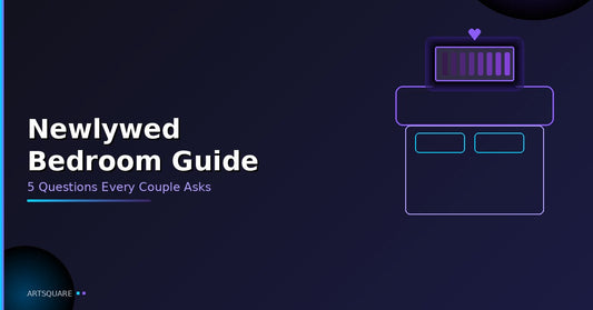 Newlywed bedroom decorating guide - minimalist illustration of bed with wall art above headboard - 5 questions every couple asks about master bedroom design