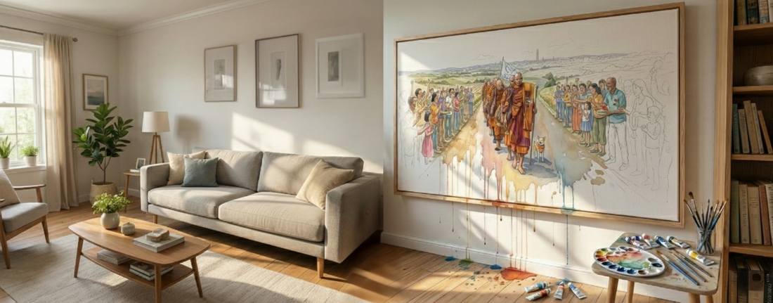 Walk for Peace Buddhist monks pilgrimage art collection canvas prints featuring Aloka dog with heart marking