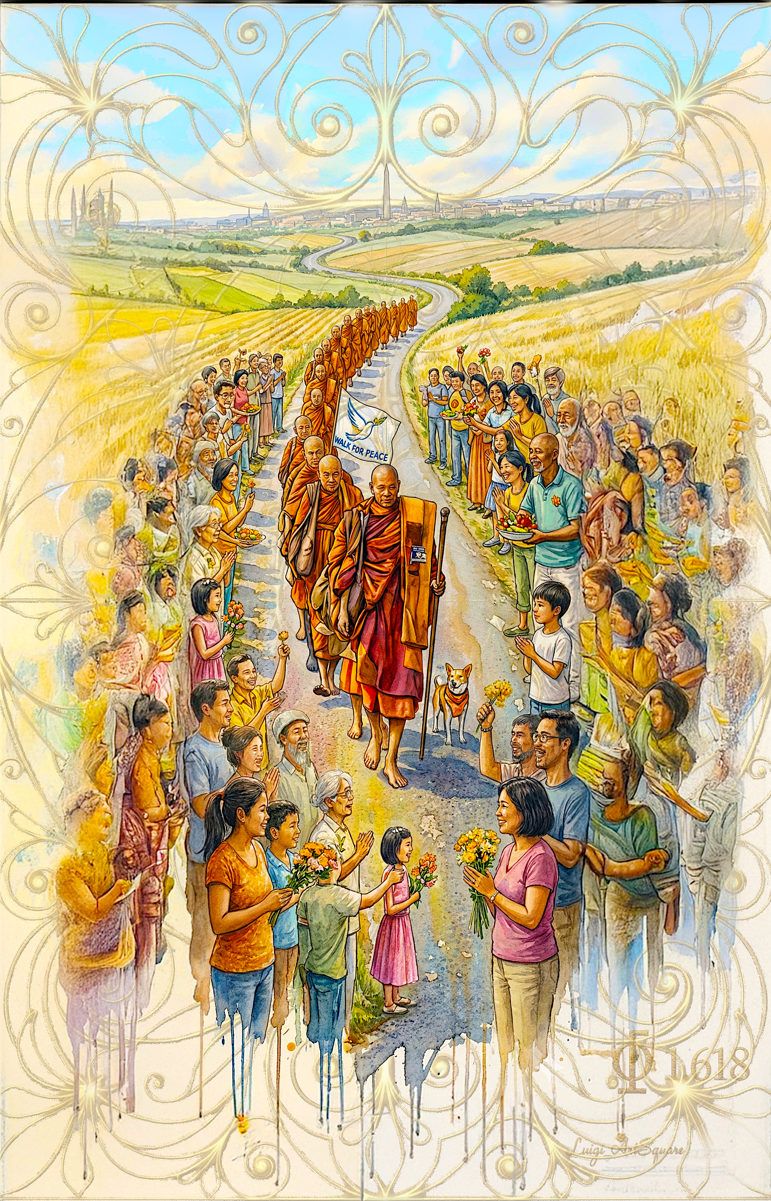 Mini-collezione ispirata alla marcia di 19 monaci buddisti. 3 stampe su tela con tecnica Pennellate Digitali. Bundle -15%.