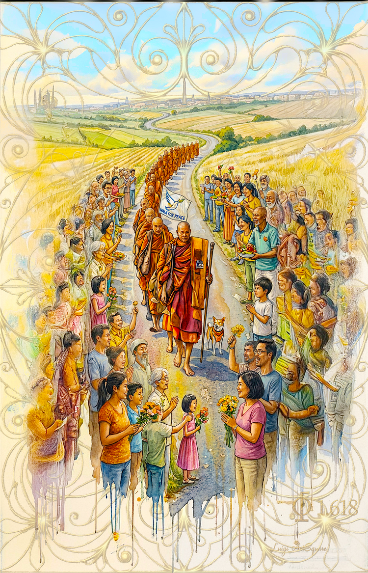 Mini-collezione ispirata alla marcia di 19 monaci buddisti. 3 stampe su tela con tecnica Pennellate Digitali. Bundle -15%.