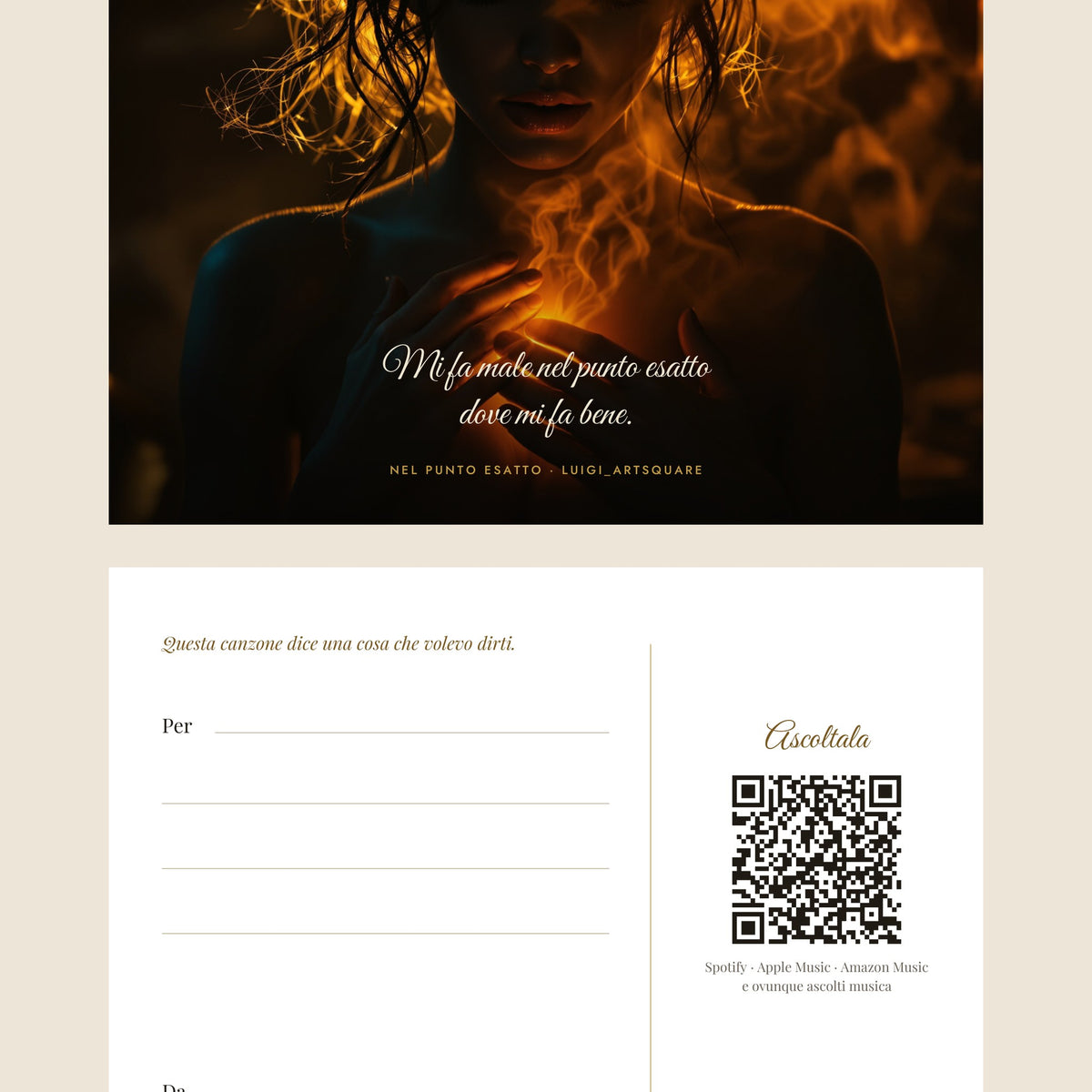 Biglietto-dedica di Nel Punto Esatto, fronte e retro, con il QR per ascoltare la canzone