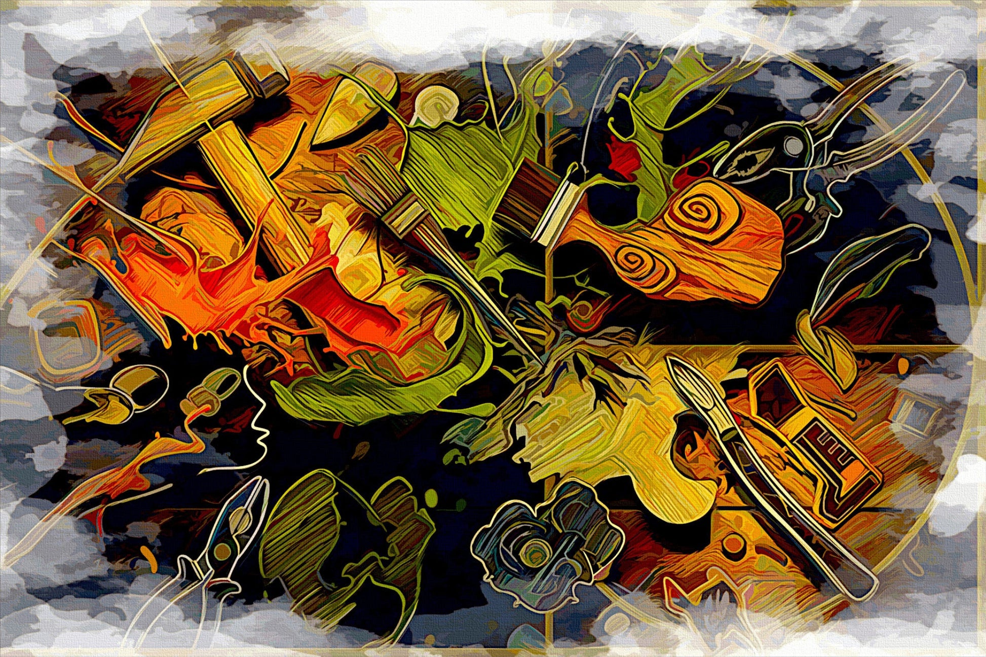 Creative Workshop abstract office art canvas print orange green blue artistic tools design by Luigi ArtSquare |