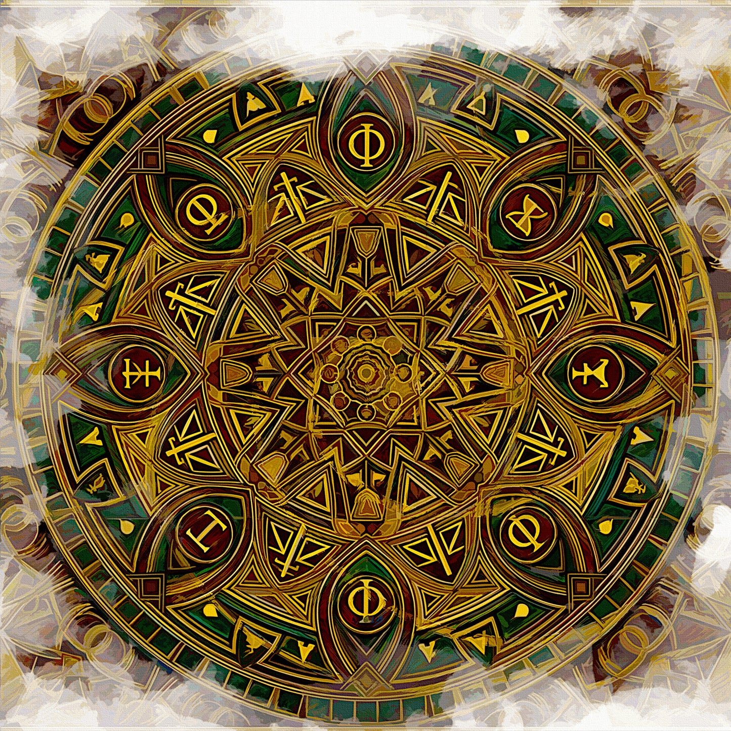 Wisdom Library mandala canvas print gold green burgundy ancient symbols prestigious office art by Luigi ArtSquare