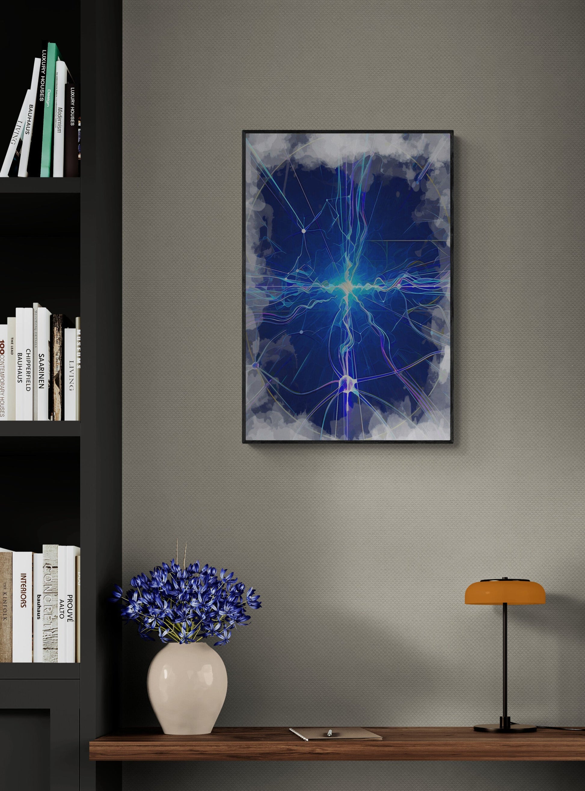 Focus Zone canvas print displayed in modern grey office with black bookshelf minimalist interior