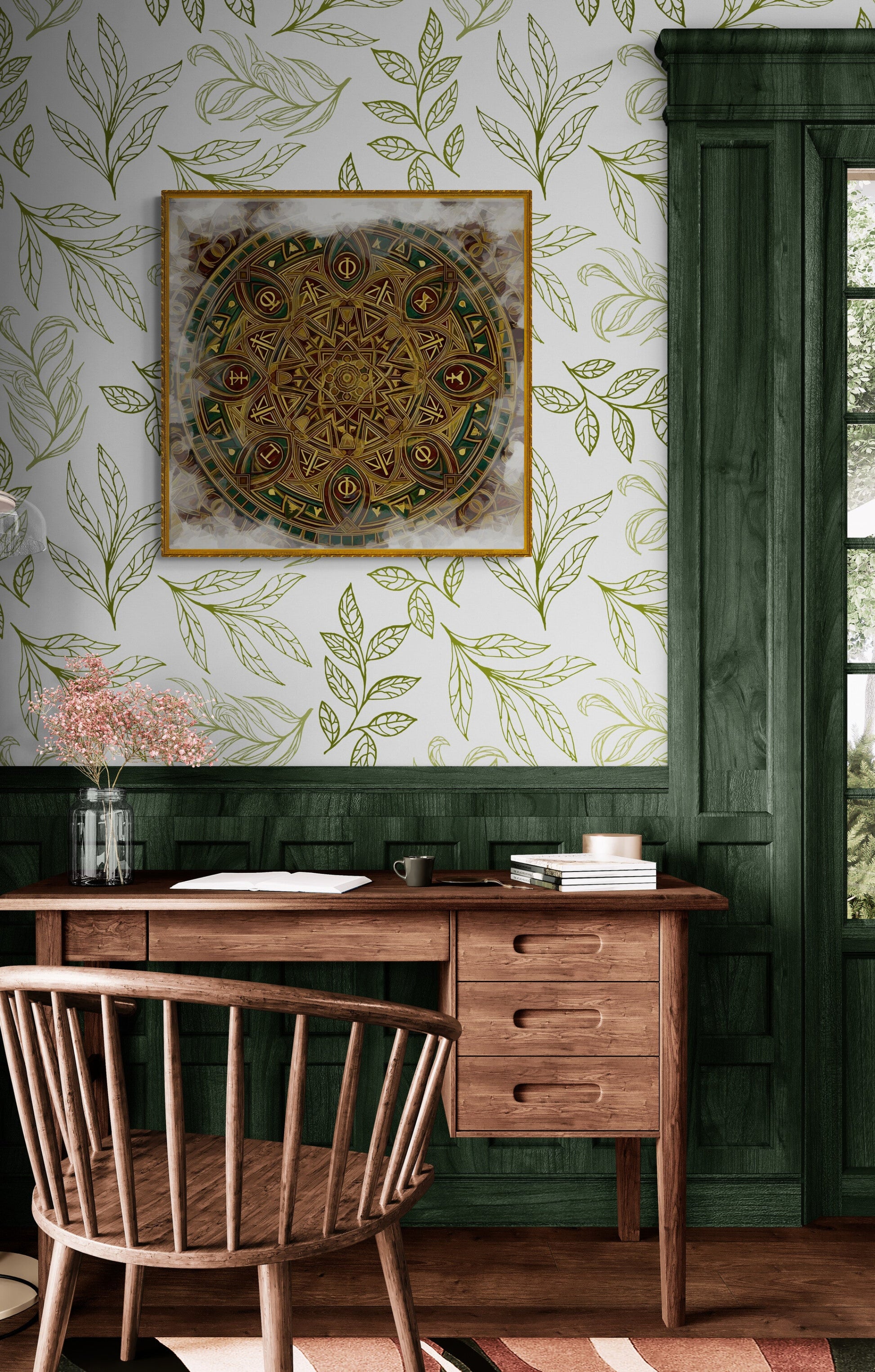 Wisdom Library canvas print displayed in elegant green study with wooden desk classic interior design