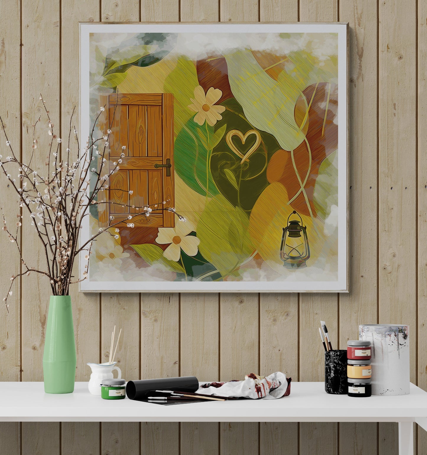 Home Gateway print detail with warm enveloping pattern visible brushstroke texture, yellow green orange earth colors premium quality