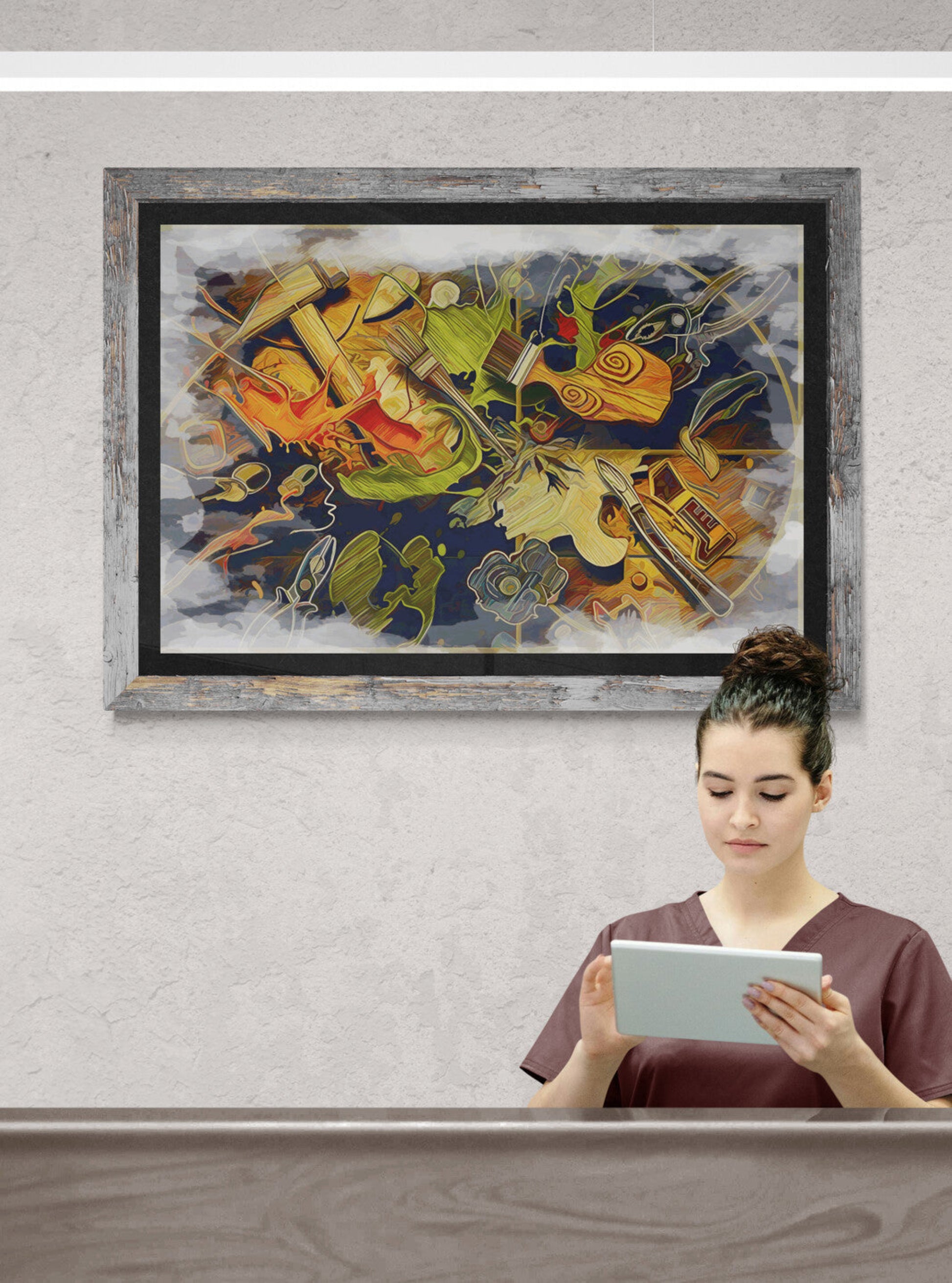 Creative Workshop office art lifestyle photo showing scale with professional woman in creative workspace