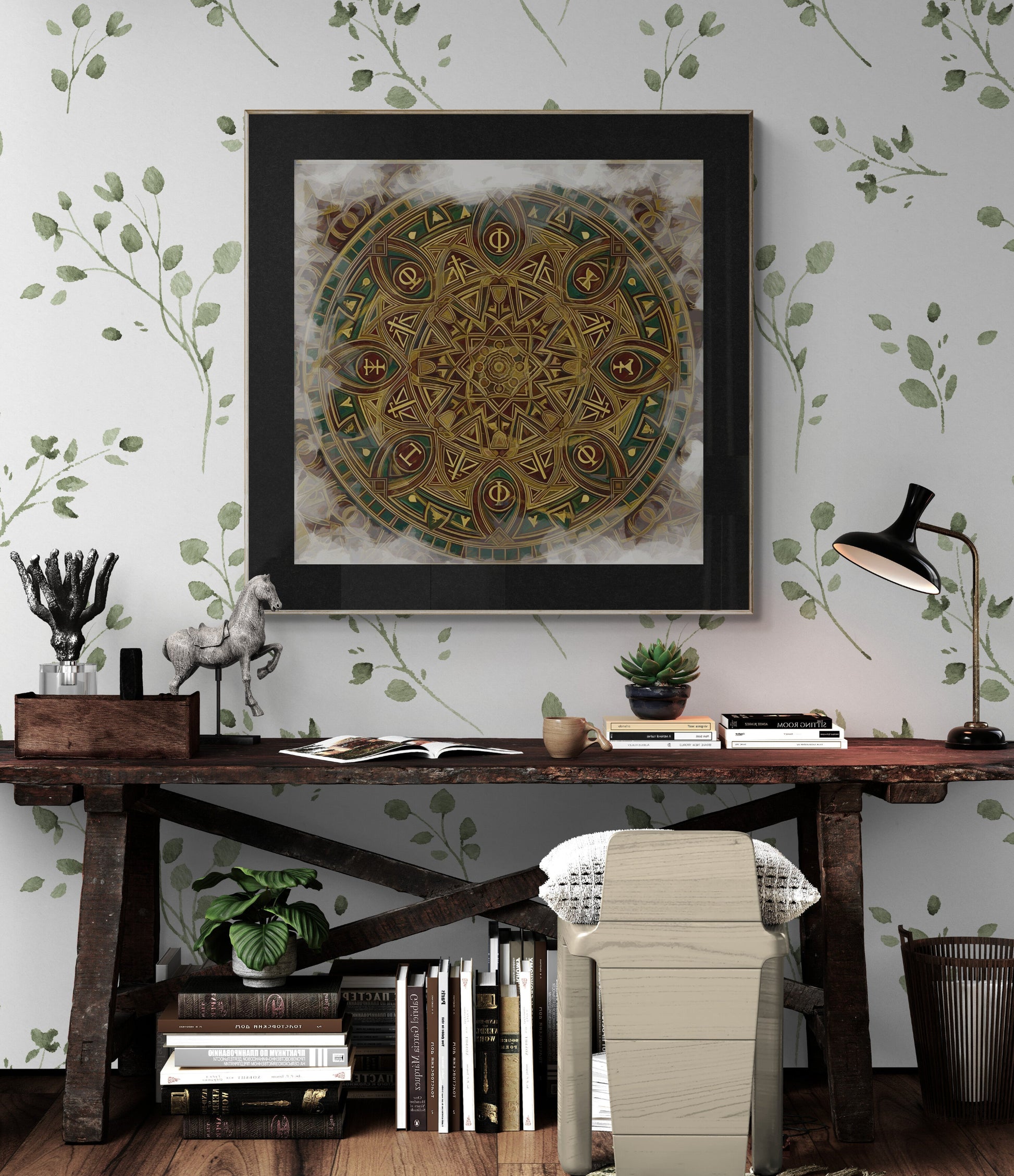 Wisdom Library canvas in sophisticated home office with rustic desk and botanical wallpaper decor