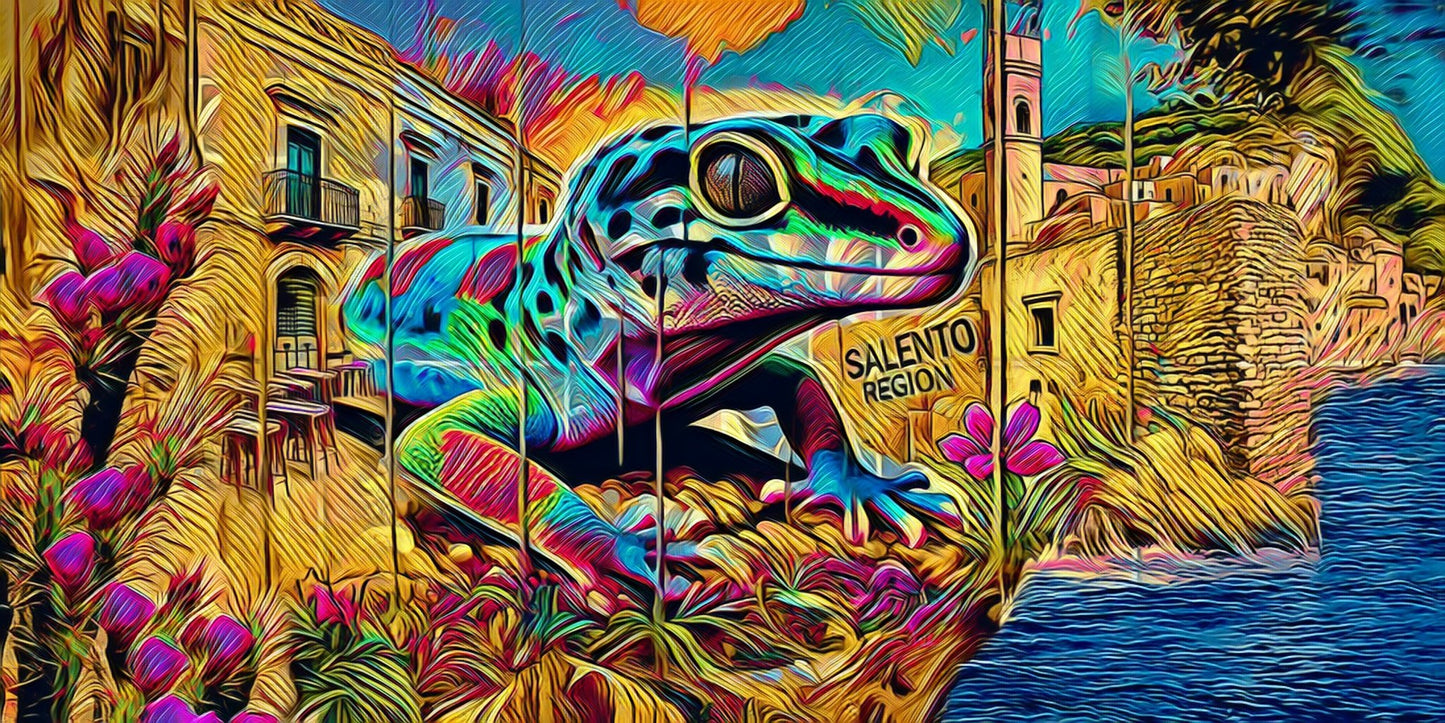 File canvas artwork depicting a colorful frog in a Salento landscape, capturing the essence of Italian culture and nature.