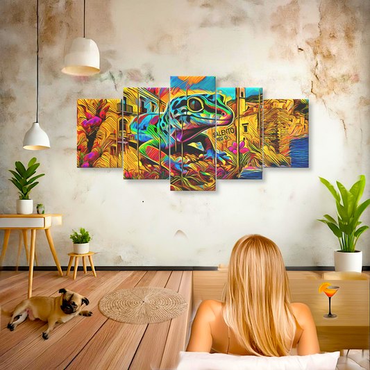 Vibrant 5 panel canvas artwork depicting a colorful frog in a Salento landscape, capturing the essence of Italian culture and nature.