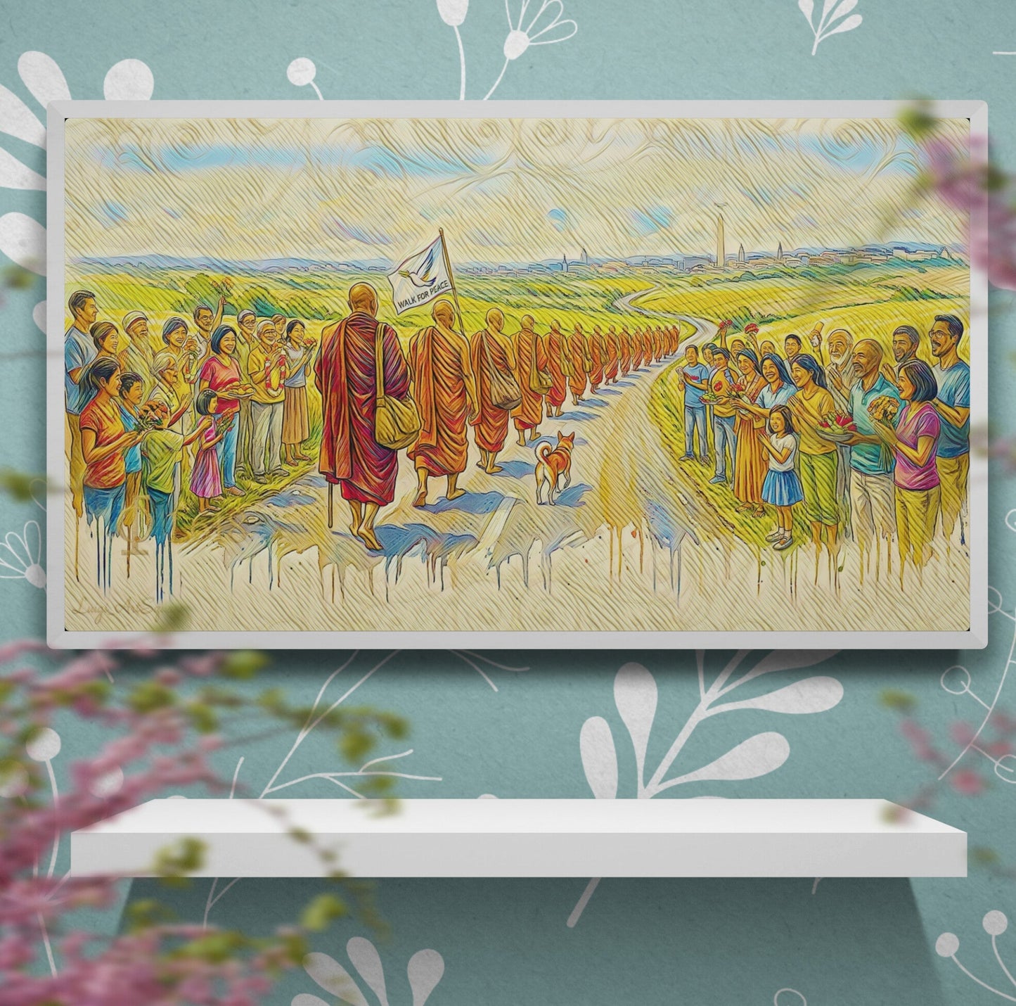 Digital Brushstrokes texture detail of The Welcome artwork, crowd with flowers and peace flag