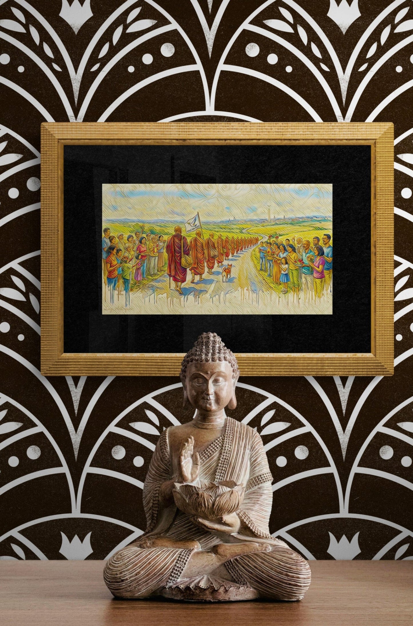 The Welcome artwork in home setting, horizontal format with community welcome scene and peace