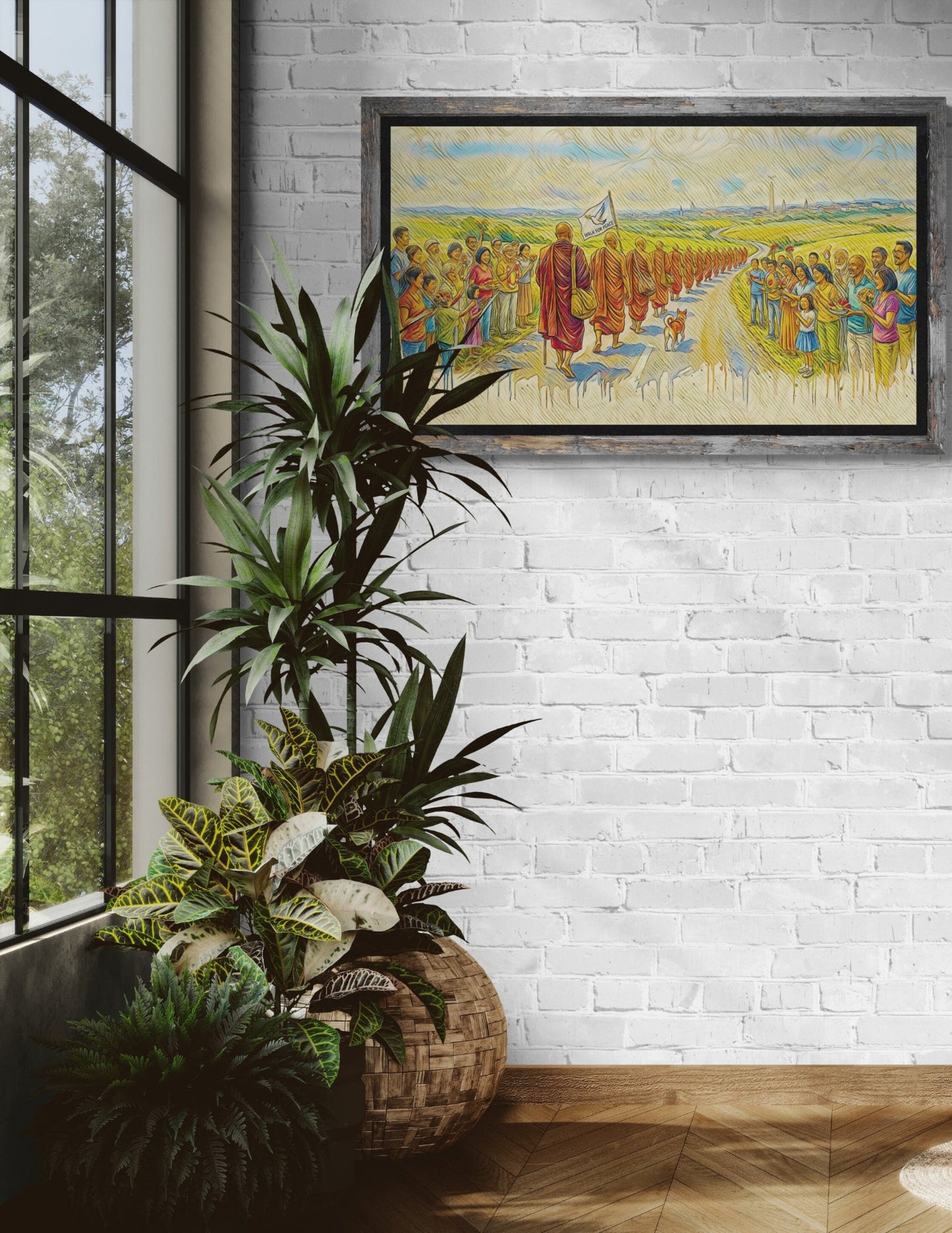 The Welcome canvas print displayed above sofa in modern living room, panoramic Walk for Peace art