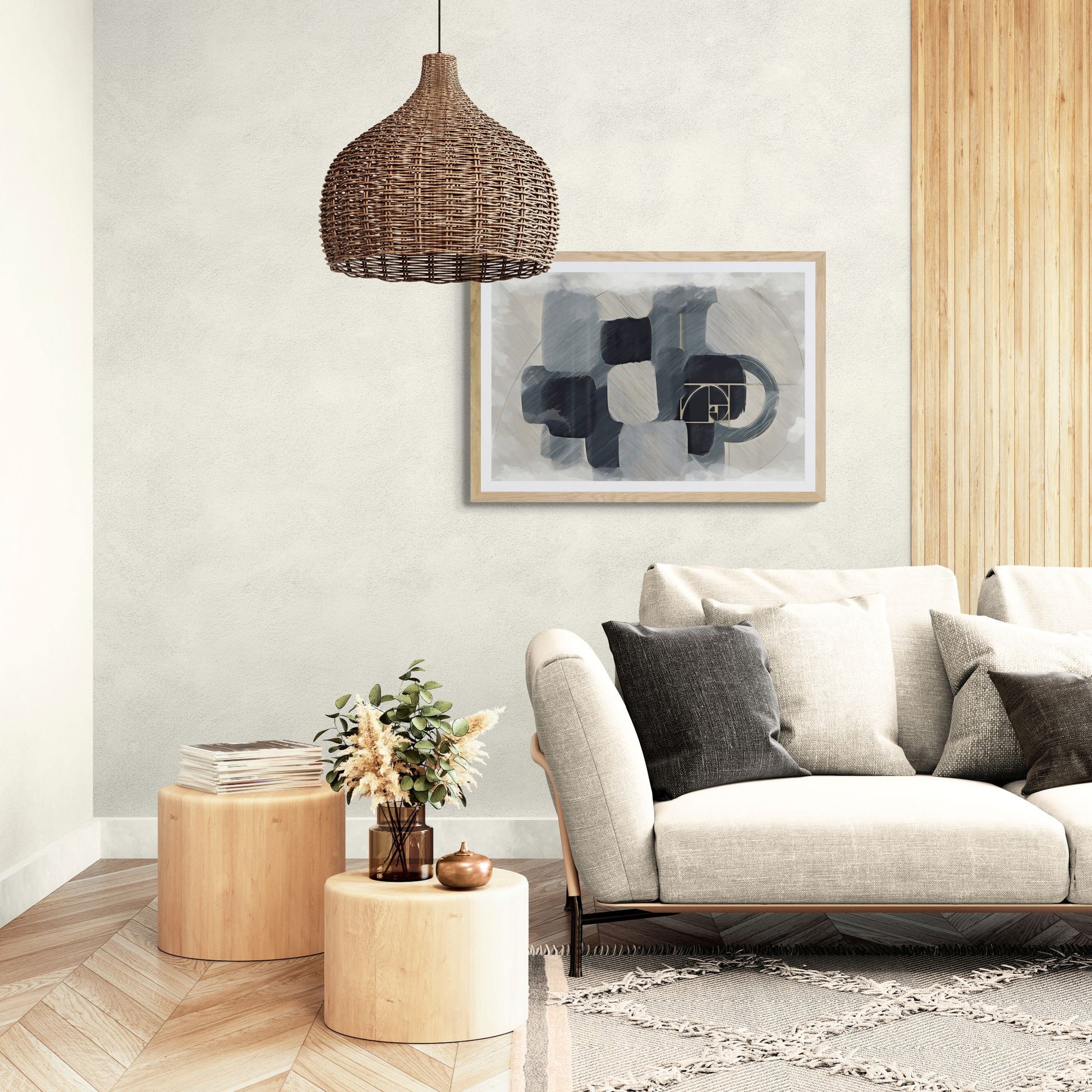 Modern Abstract Flow artwork beige wall Scandinavian living room copper lamp plant, contemporary minimalist art elegant black geometries