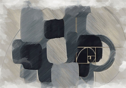 Abstract Flow canvas print with black gray geometric forms golden spiral, modern minimalist art for elegant urban living room contemporary