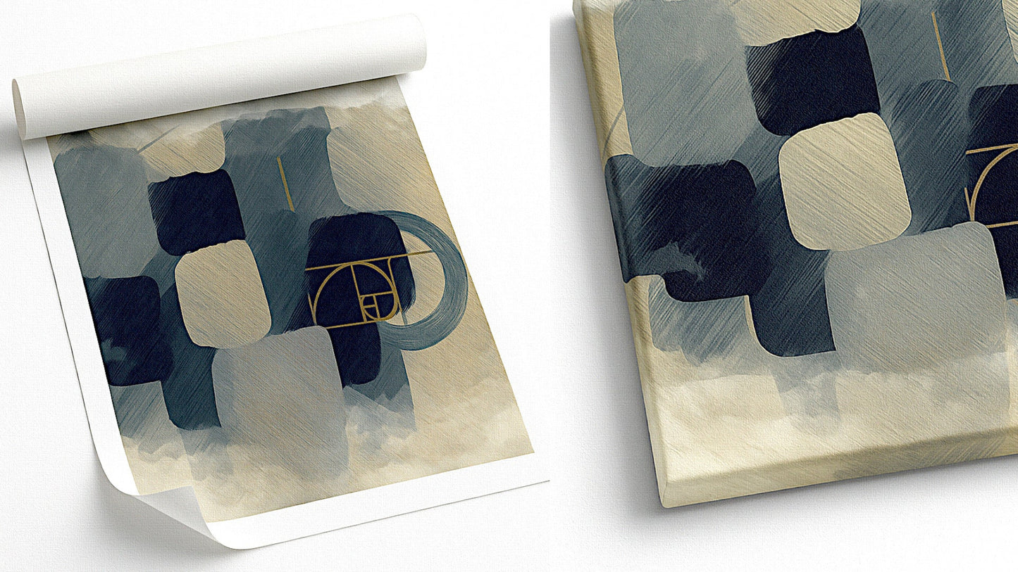 Double view Abstract Flow print black gray gold abstract geometric forms, modern minimalist art premium canvas texture living room decor