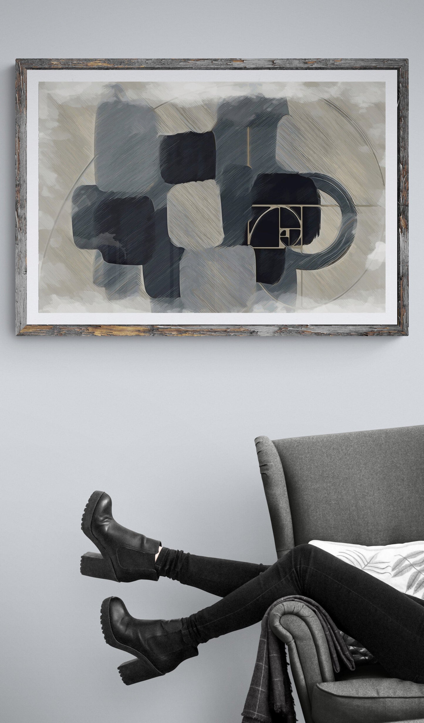 Framed Abstract Flow artwork gray modern living room woman on black armchair, contemporary minimalist art urban gallery style elegant