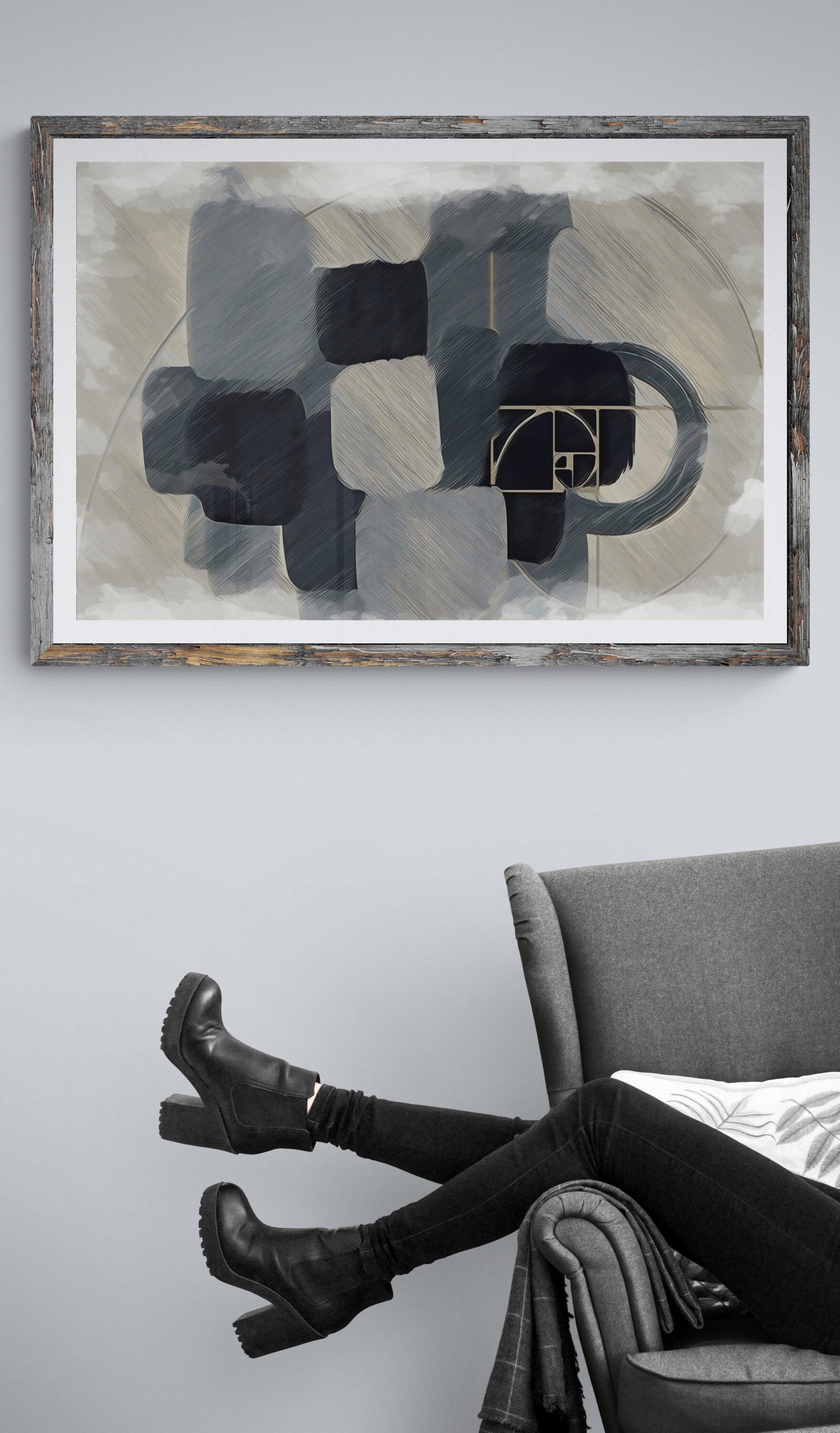 Framed Abstract Flow artwork gray modern living room woman on black armchair, contemporary minimalist art urban gallery style elegant