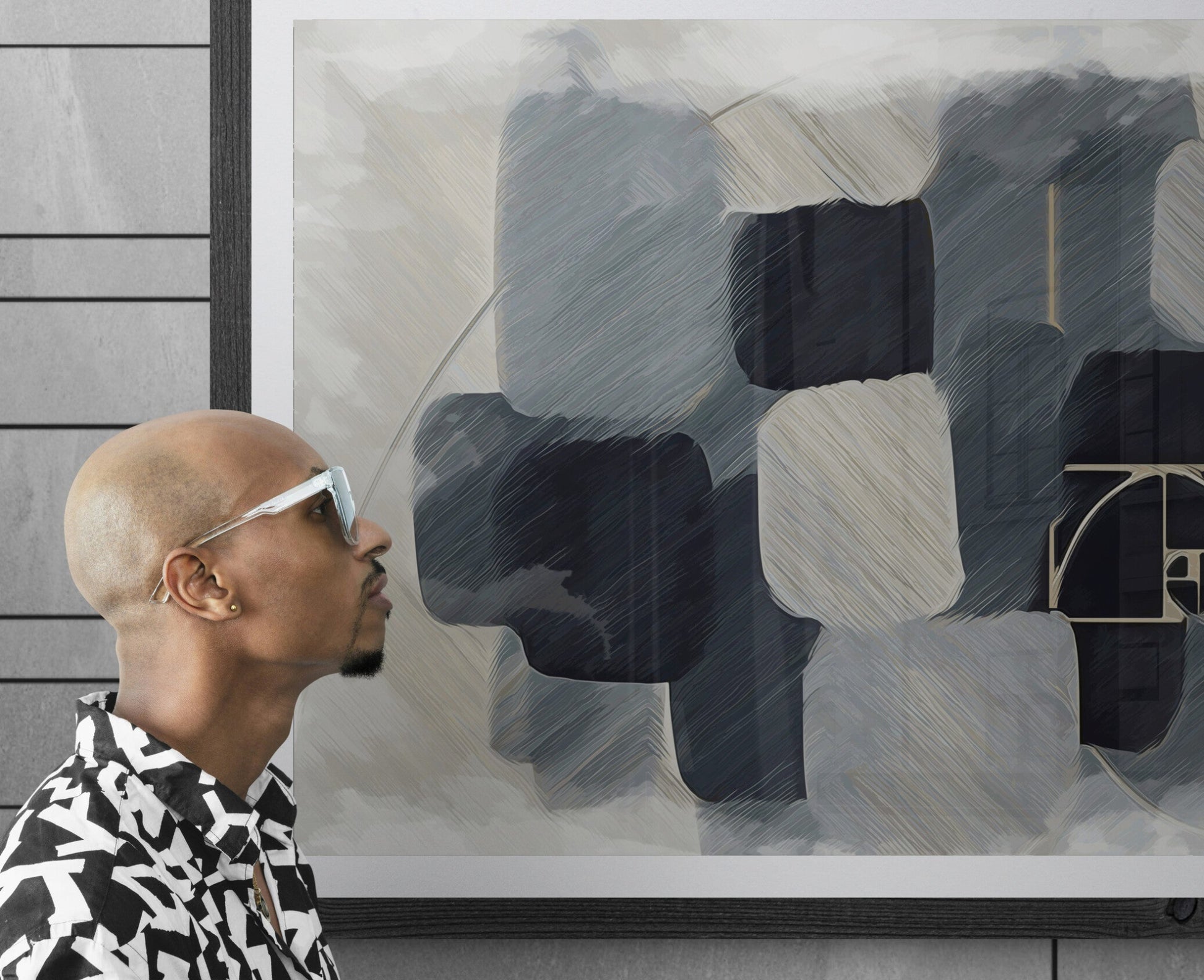 Abstract Flow on white gallery wall man standing modern design, minimalist art contemporary living room black abstract geometric forms