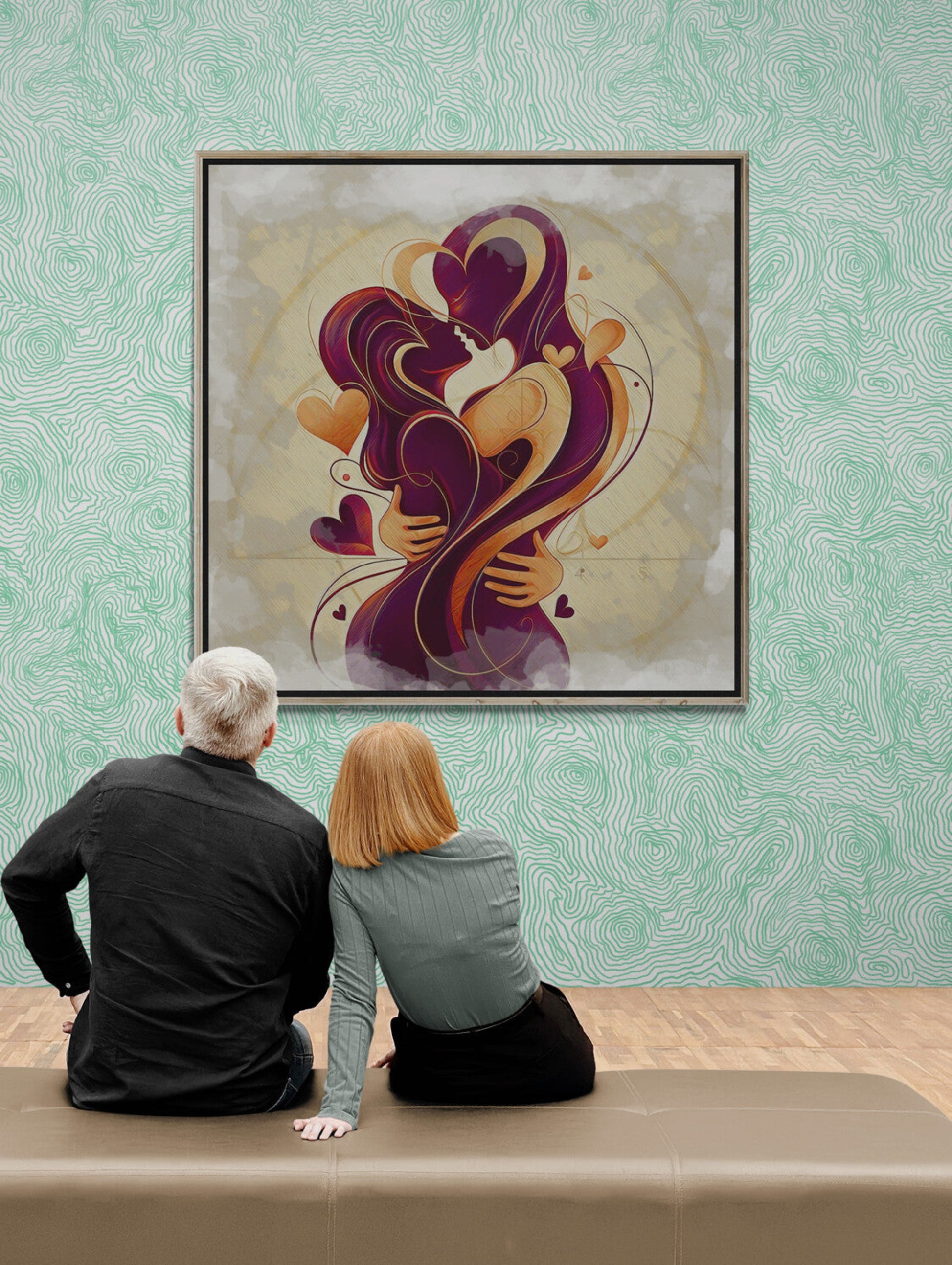 `Romantic Embrace bedroom art lifestyle photo showing couple admiring romantic wall decor scale` |