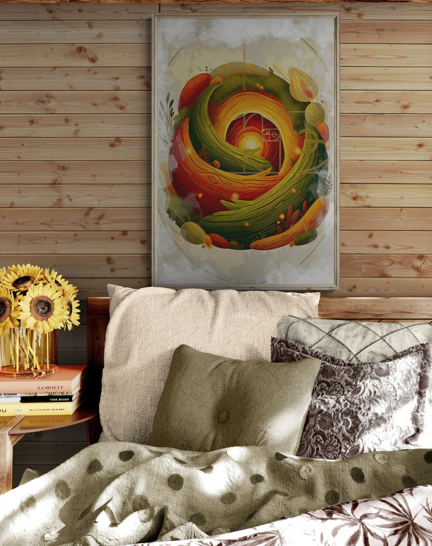 `Earth Sanctuary bedroom art in wooden cabin style room showing scale and cozy natural decor` |