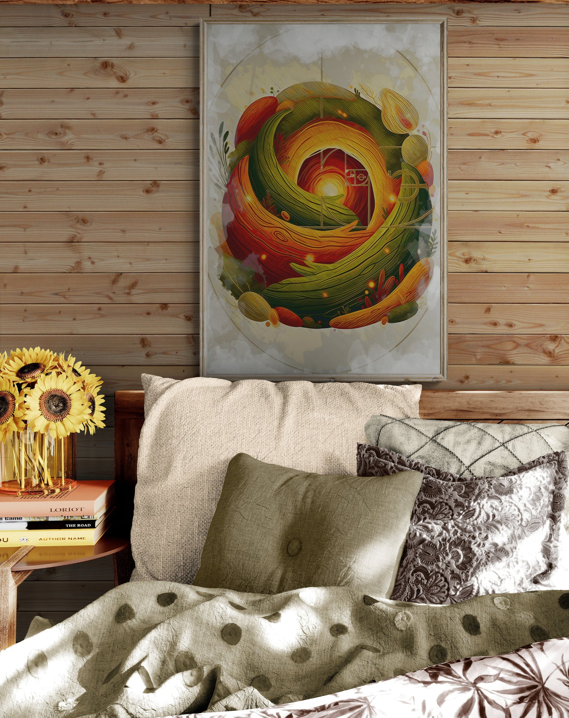 `Earth Sanctuary bedroom art in wooden cabin style room showing scale and cozy natural decor` |