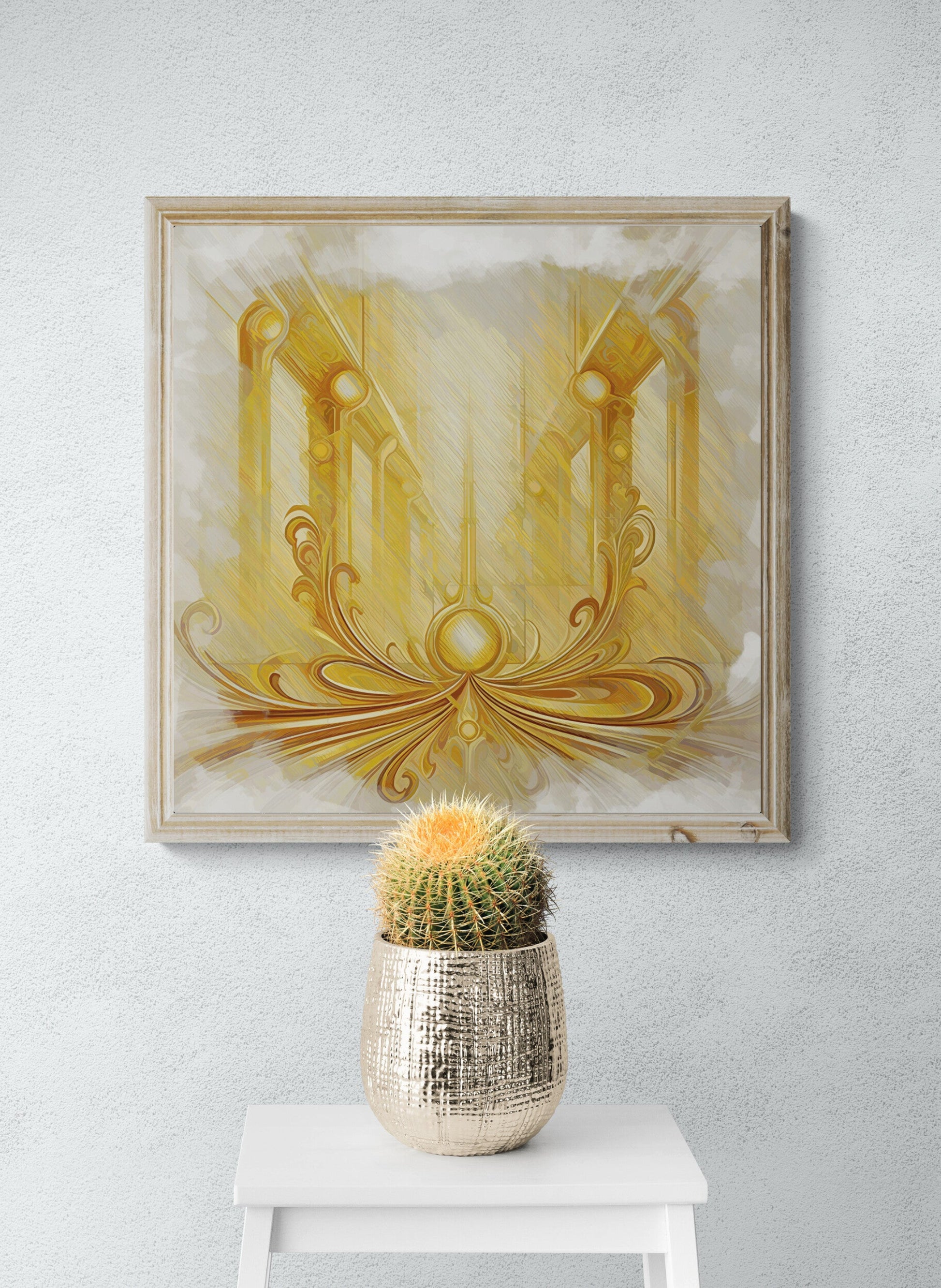 Golden Passage classic foyer art canvas print with elegant frame and white minimalist setting